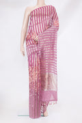 Purple Organza Silk Saree with Stripes on the body and Without Border.  displayed on a mannequin