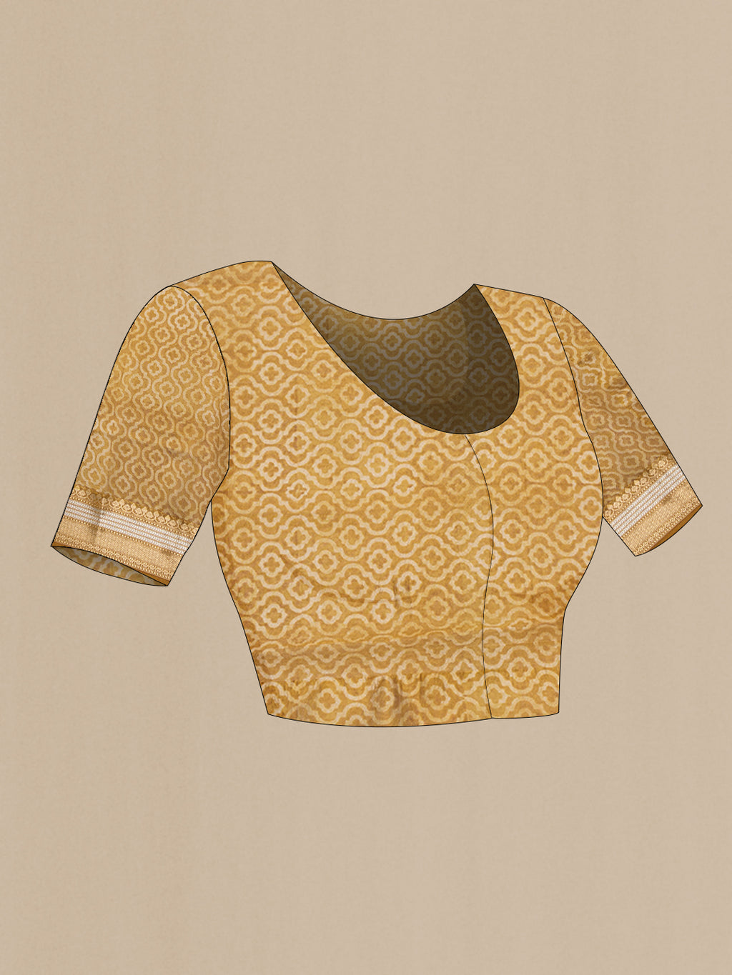 Close up image of the blouse of Beige Tussar Saree with Printed design on the body and Zari And Thread Border. 