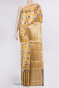 Beige Tussar Saree with Printed design on the body and Zari And Thread Border.  displayed on a mannequin