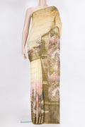 Mehandi Green Dual Tone Organza Silk Saree with Printed design on the body and Fancy Border.  displayed on a mannequin