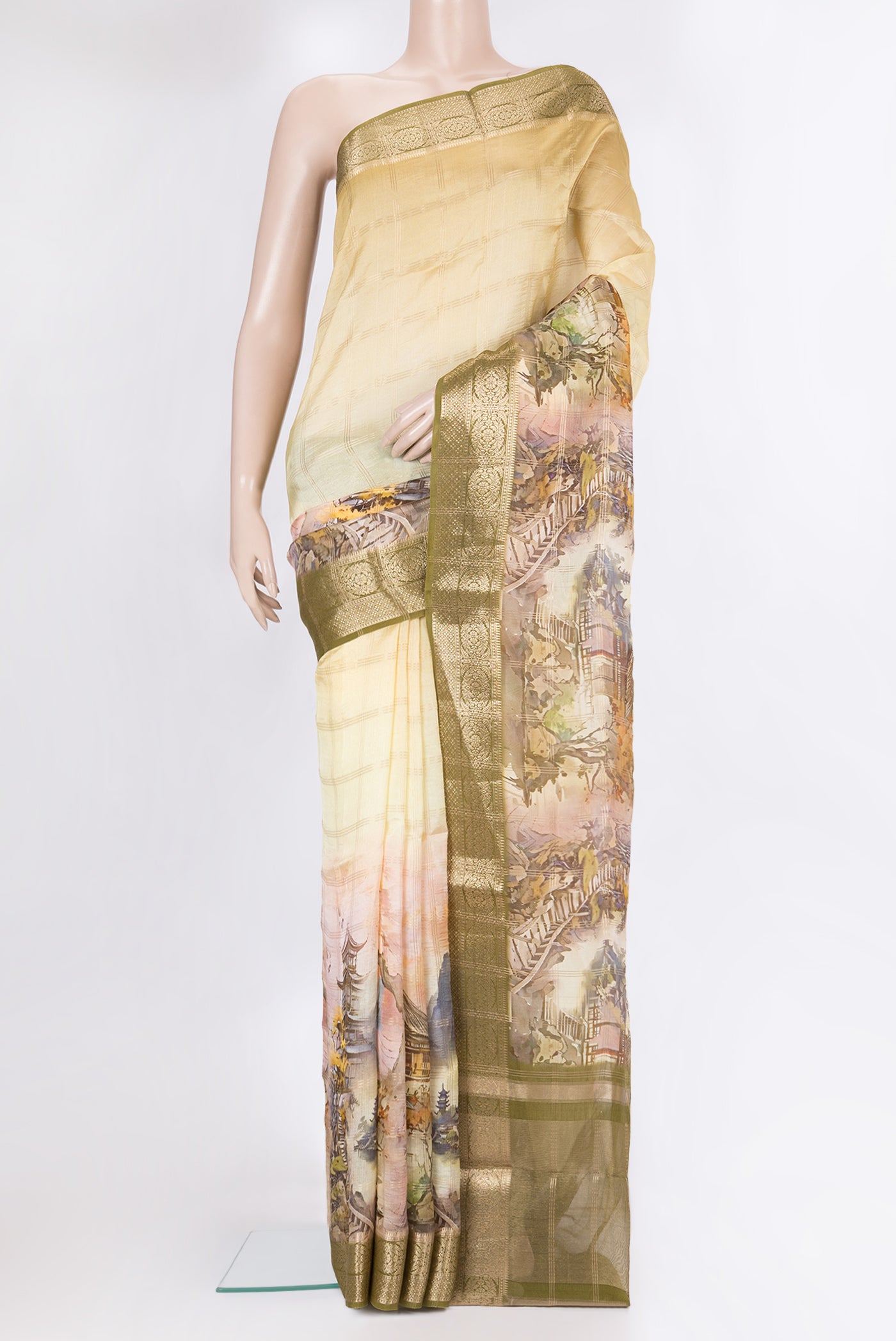Mehandi Green Dual Tone Organza Silk Saree with Printed design on the body and Fancy Border.  displayed on a mannequin