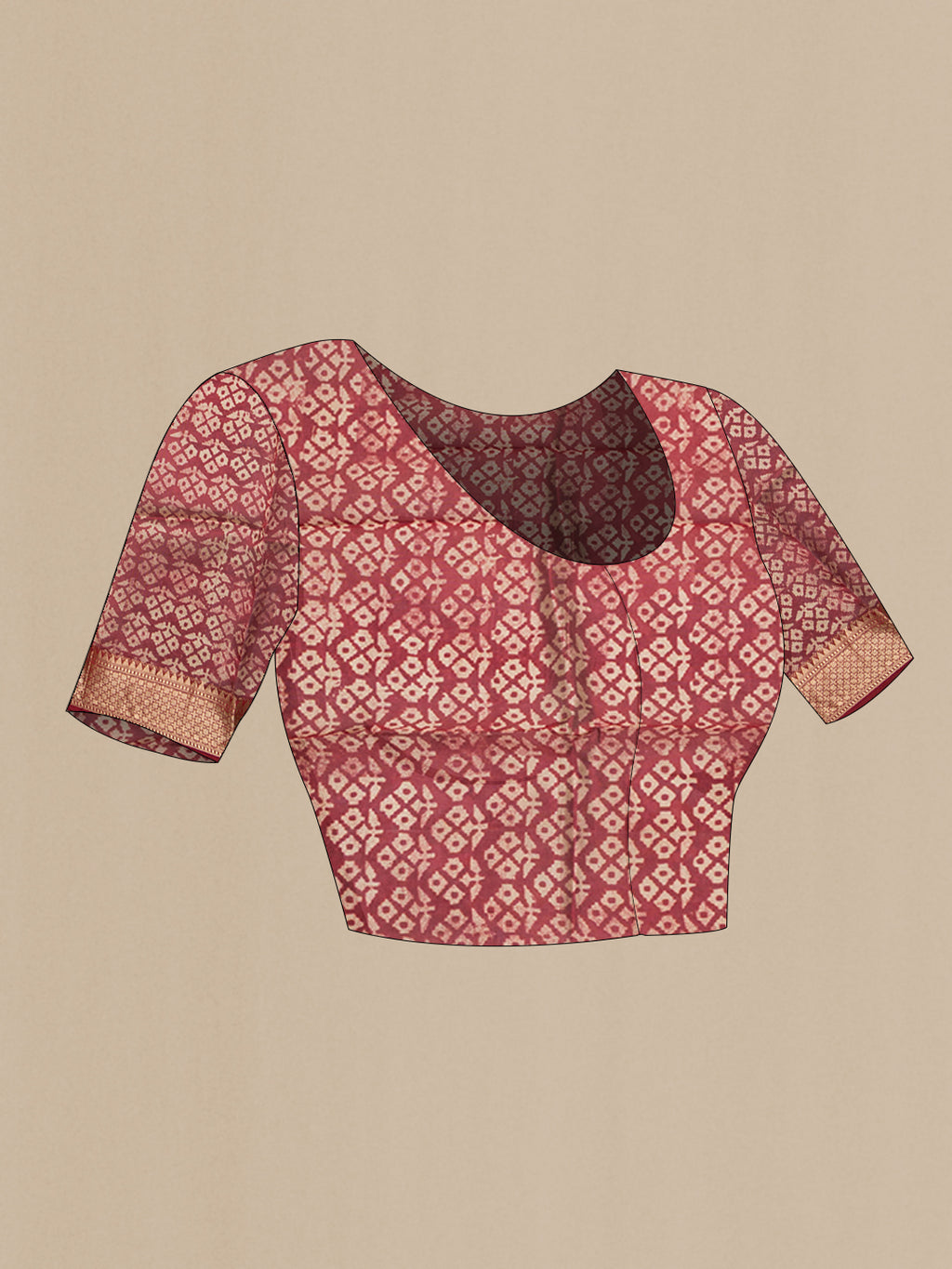 Close up image of the blouse of Pure Silk Beige Tussar Saree with Printed design on the body and Thread Border. 