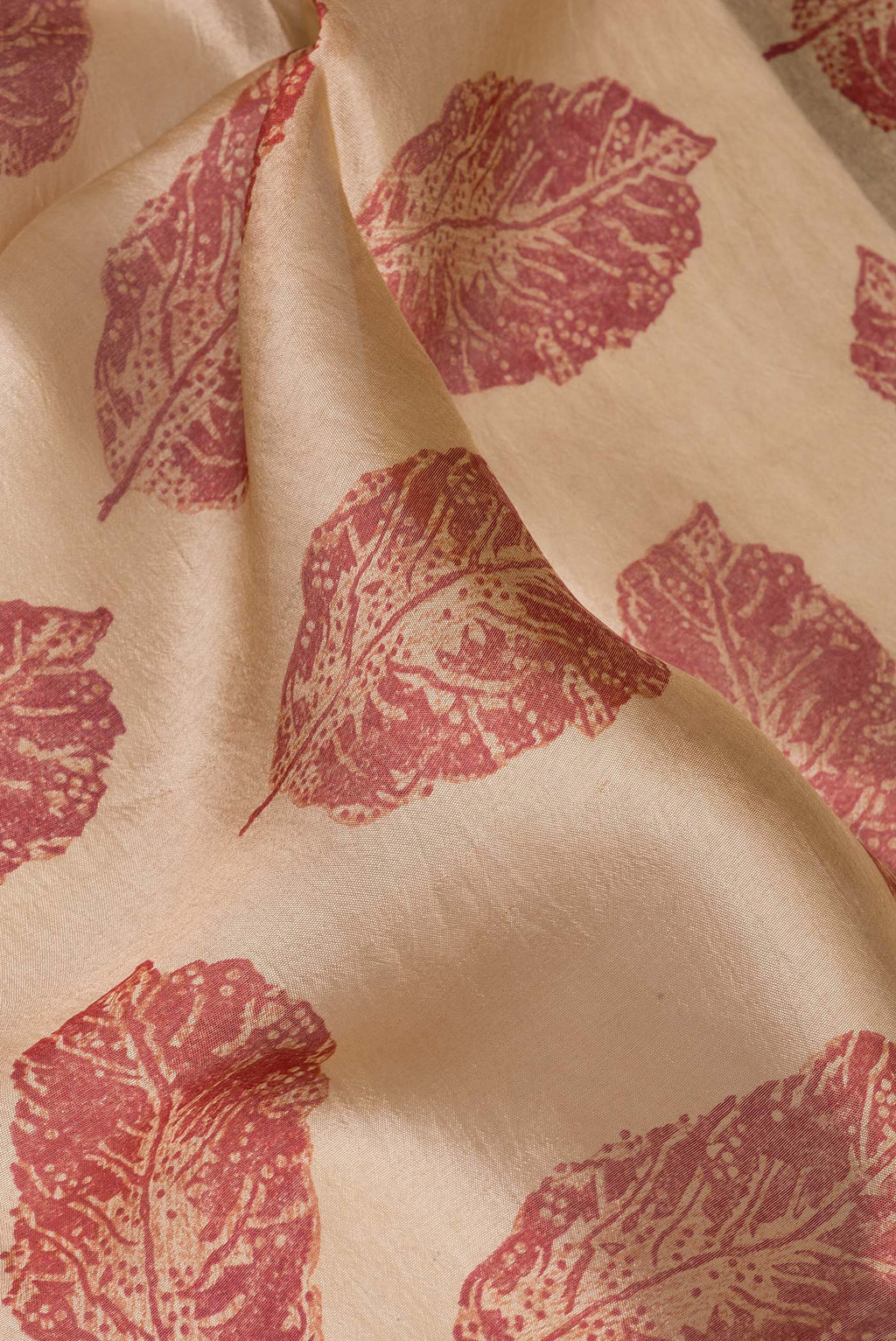 Close up of Pure Silk Beige Tussar Saree with Printed design on the body and Thread Border.  displaying folds