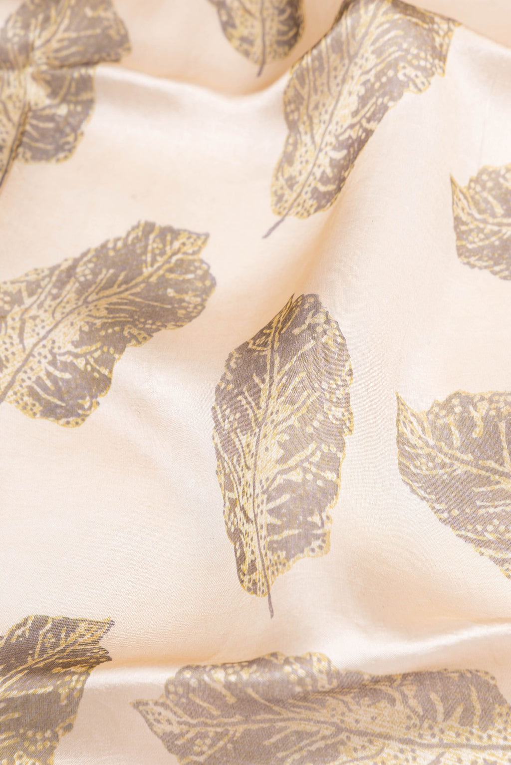 Close up of Beige Organza Silk Saree with Printed design on the body and Fancy Border.  displaying folds