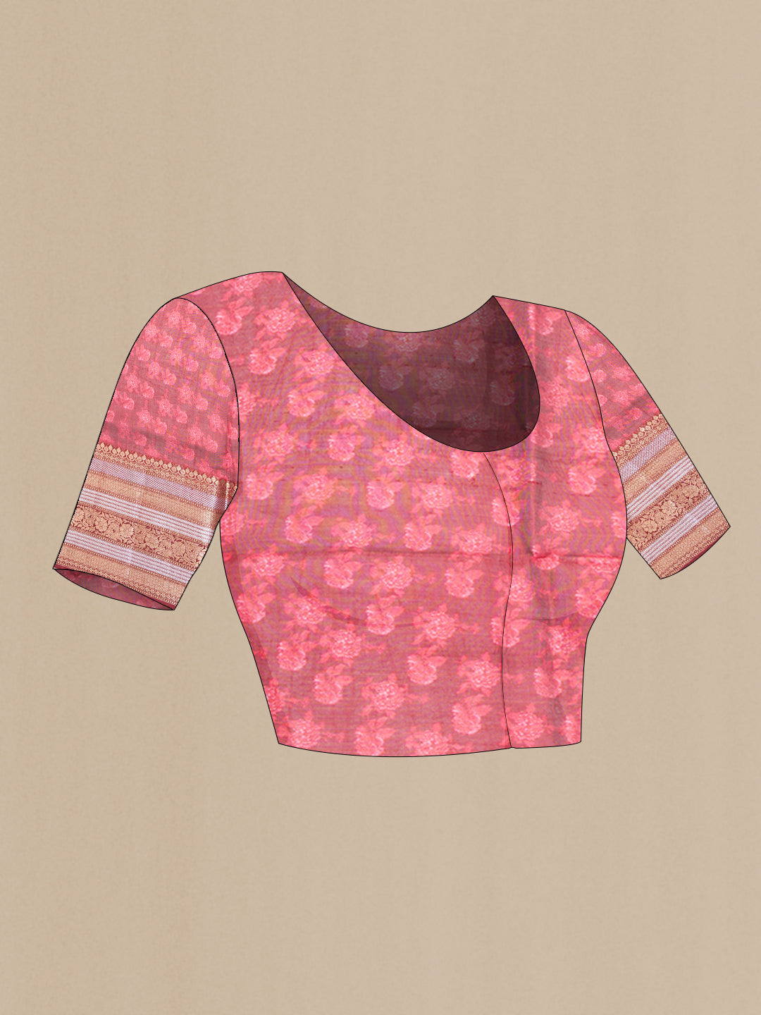 Close up image of the blouse of Red Organza Silk Saree with Printed design on the body and Fancy Border. 