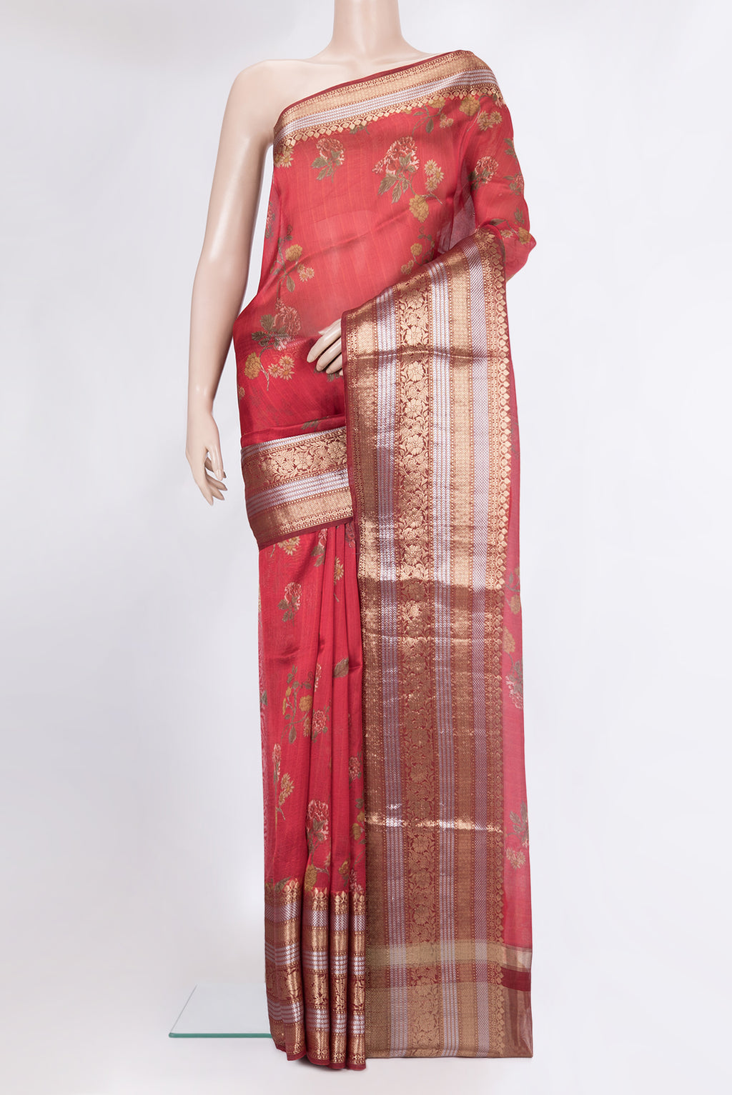 Red Organza Silk Saree with Printed design on the body and Fancy Border.  displayed on a mannequin