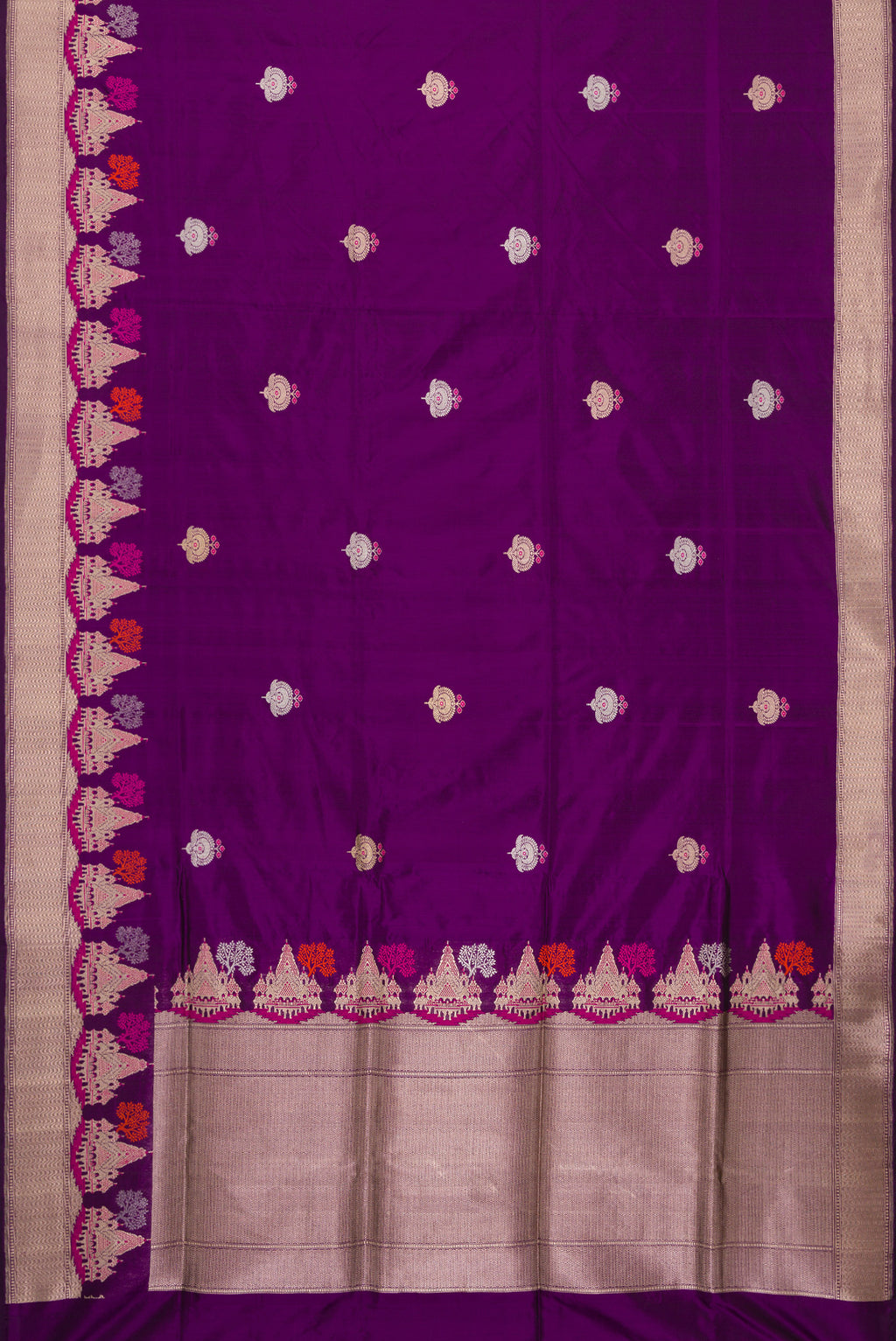 Flat view of Violet Dual Tone Banarasi Silk Saree with Zari And Thread Butta on the body and Fancy Border. 