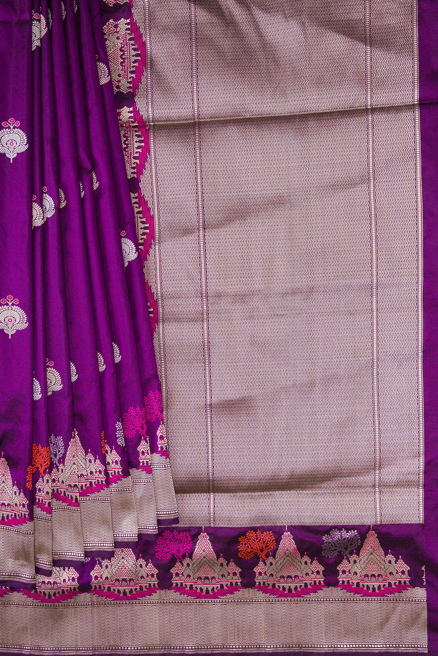 Pleats and pallu of Violet Dual Tone Banarasi Silk Saree with Zari And Thread Butta on the body and Fancy Border. 