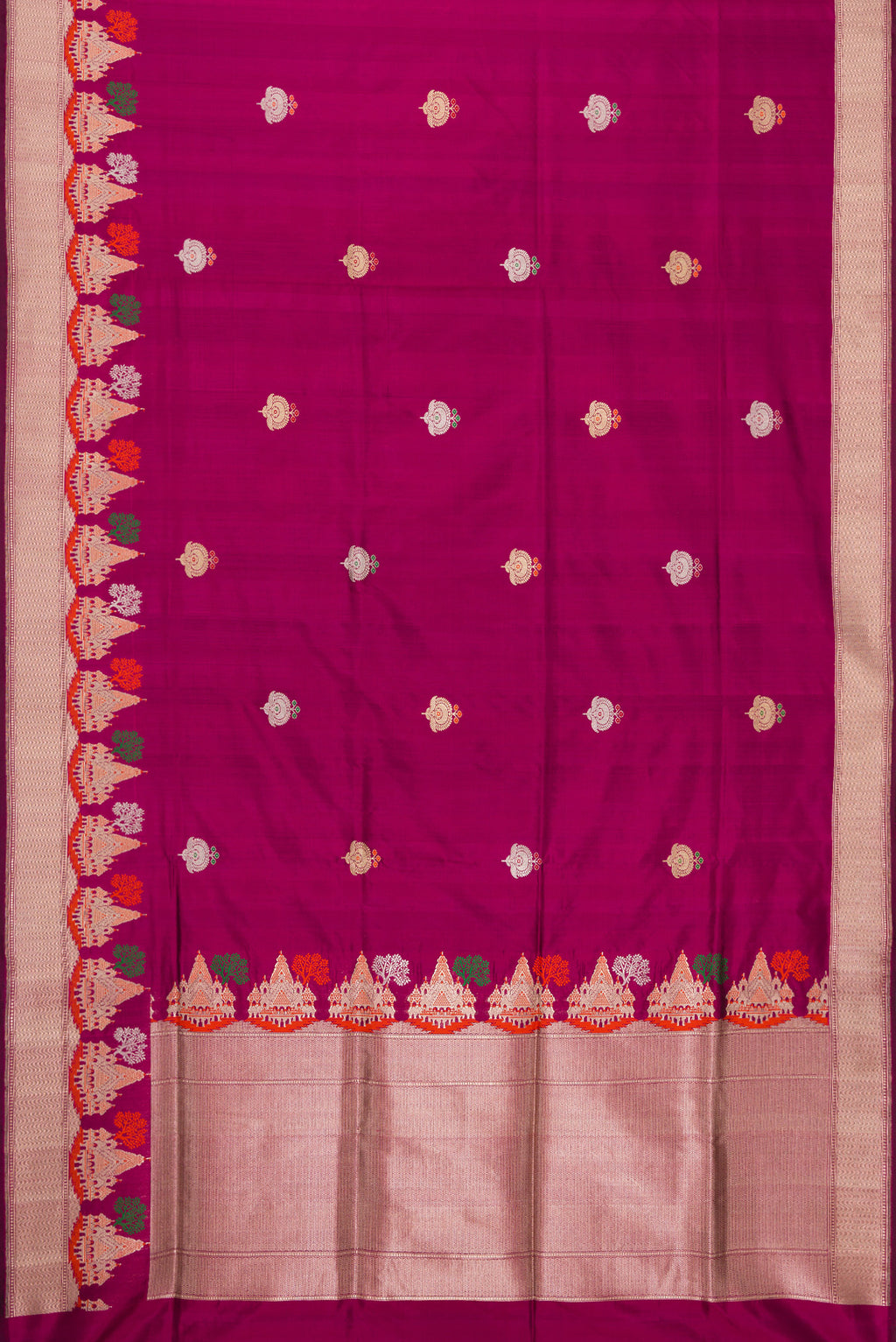 Flat view of Magenta Dual Tone Banarasi Silk Saree with Zari And Thread Butta on the body and Fancy Border. 