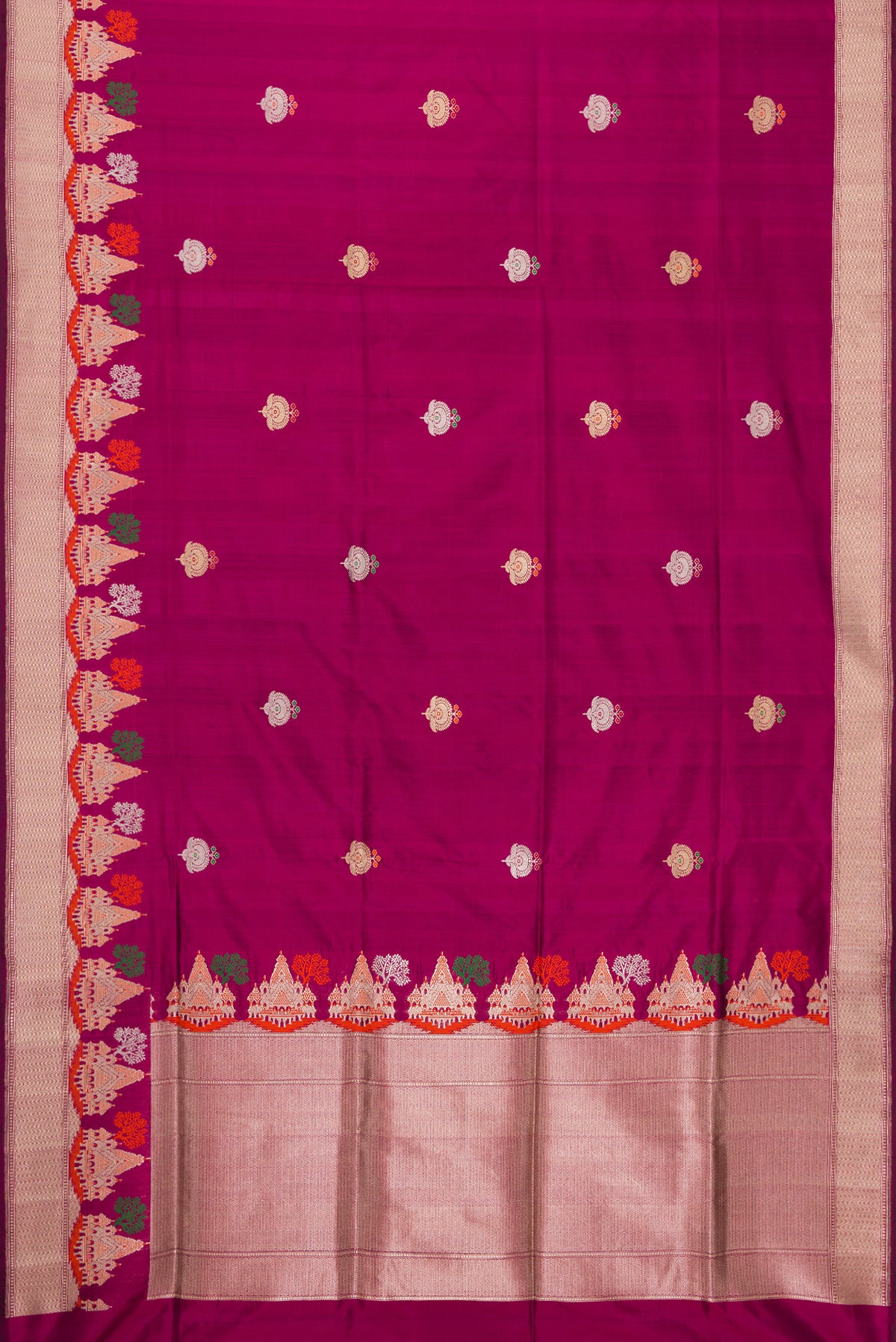 Flat view of Magenta Dual Tone Banarasi Silk Saree with Zari And Thread Butta on the body and Fancy Border. 