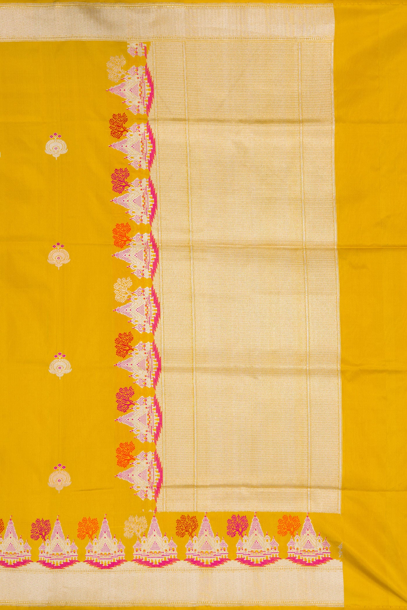 Close up image of the pallu of Mustard Dual Tone Banarasi Silk Saree with Zari And Thread Butta on the body and Fancy Border. 