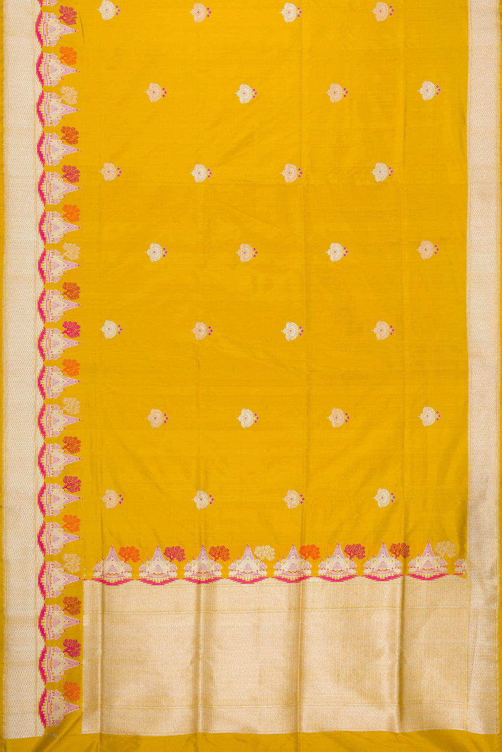Flat view of Mustard Dual Tone Banarasi Silk Saree with Zari And Thread Butta on the body and Fancy Border. 