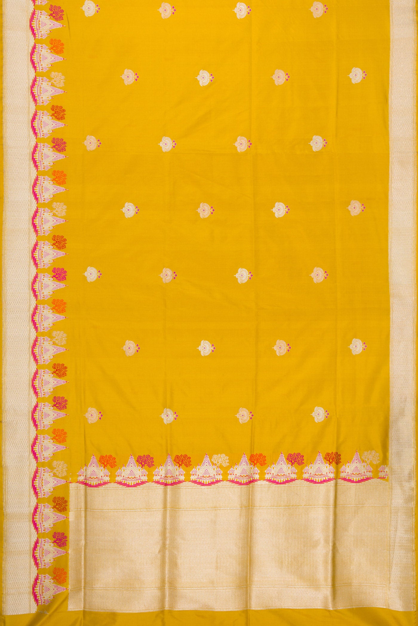 Flat view of Mustard Dual Tone Banarasi Silk Saree with Zari And Thread Butta on the body and Fancy Border. 