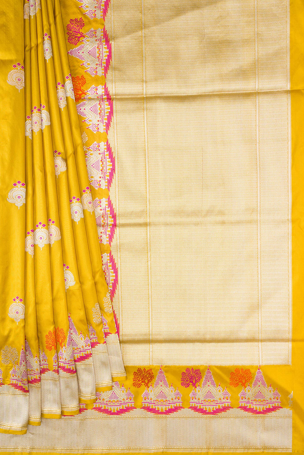 Pleats and pallu of Mustard Dual Tone Banarasi Silk Saree with Zari And Thread Butta on the body and Fancy Border. 