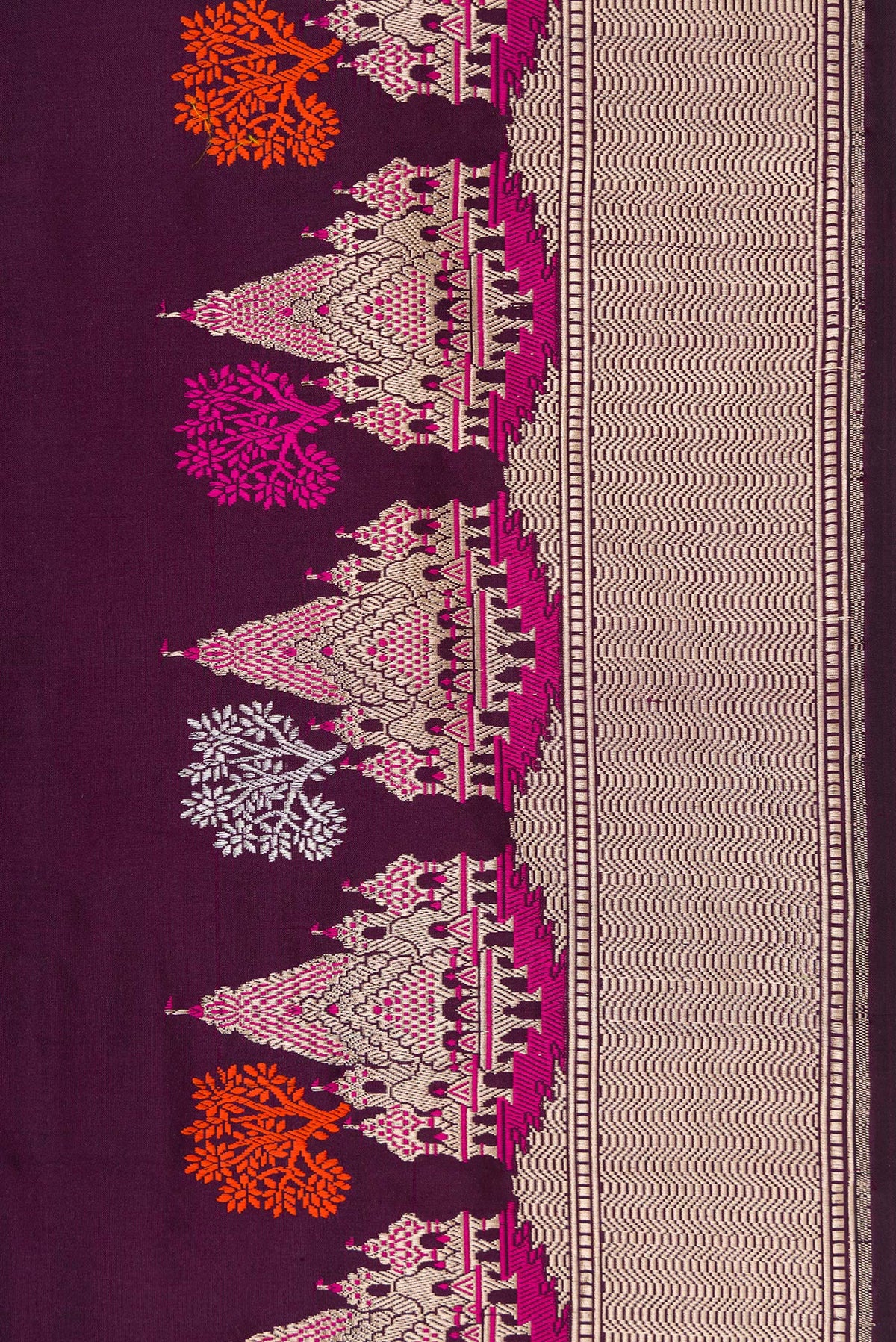 Border image of Burgundy Dual Tone Banarasi Silk Saree with Zari And Thread Butta on the body and Fancy Border. 