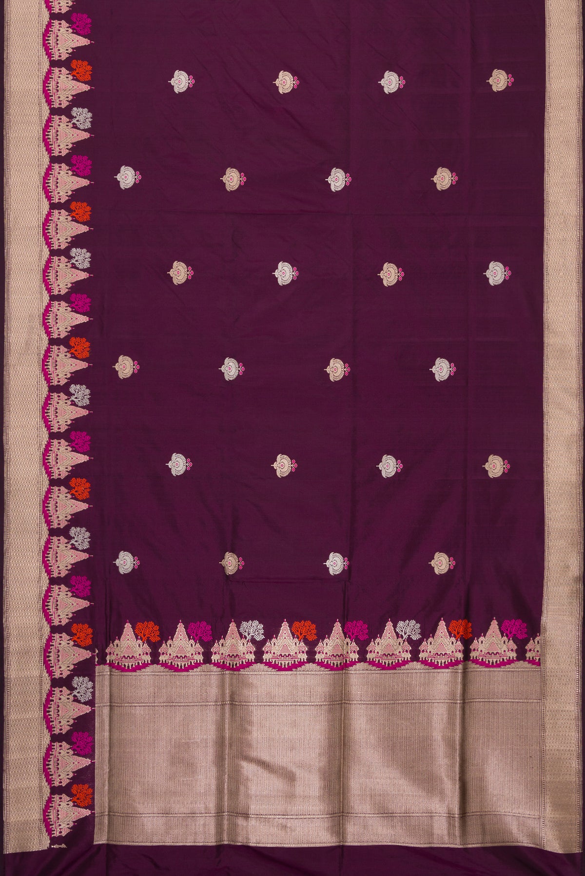 Flat view of Burgundy Dual Tone Banarasi Silk Saree with Zari And Thread Butta on the body and Fancy Border. 