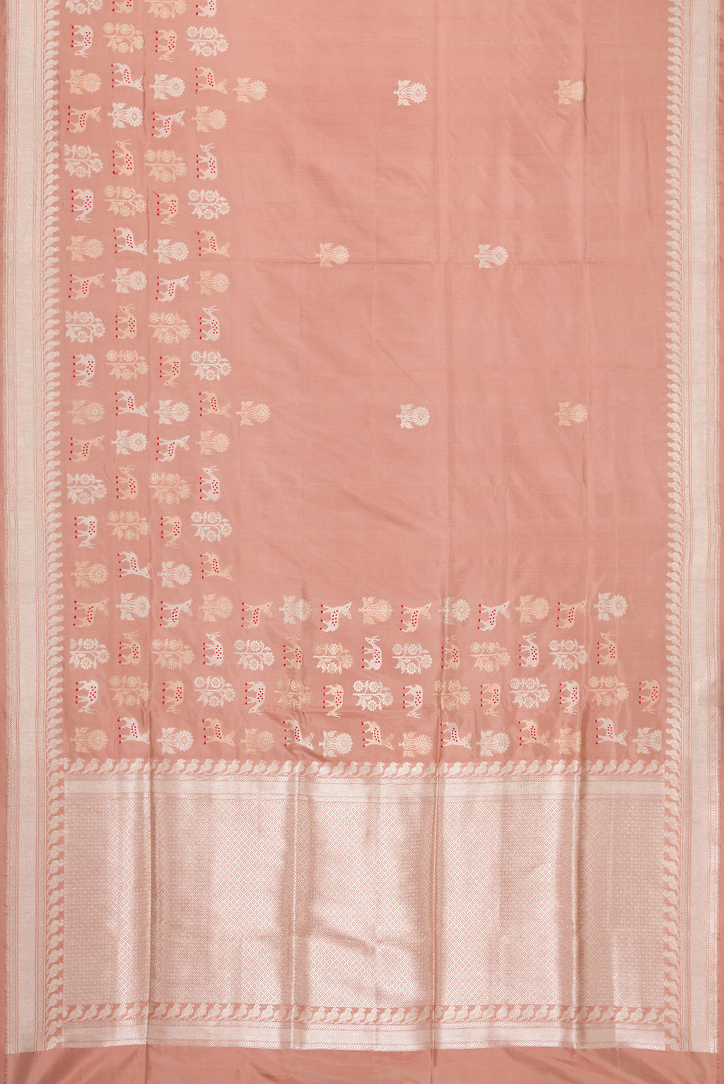 Flat view of Golden Peach Dual Tone Banarasi Silk Saree with Zari And Thread Butta on the body and Fancy Border. 