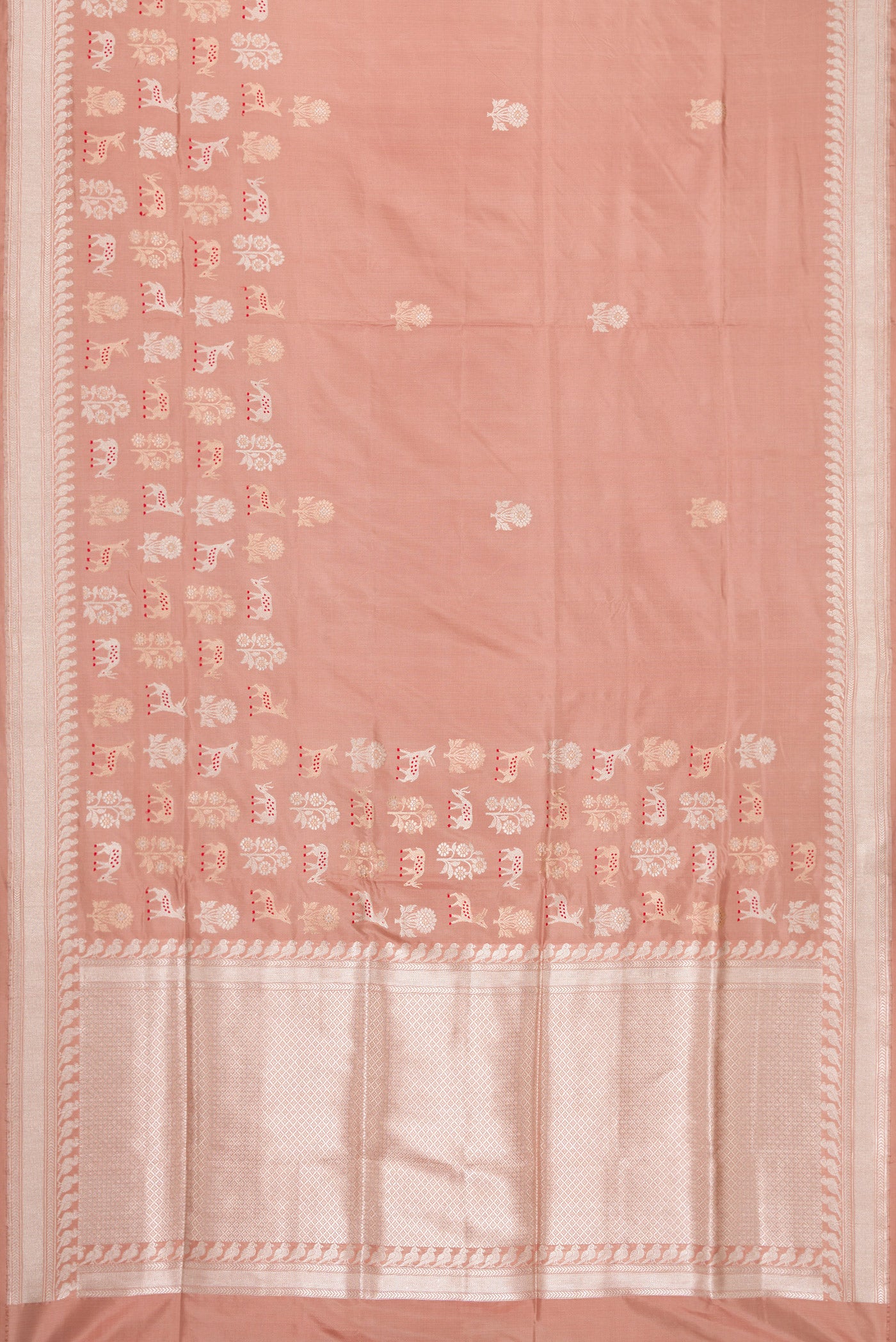 Flat view of Golden Peach Dual Tone Banarasi Silk Saree with Zari And Thread Butta on the body and Fancy Border. 