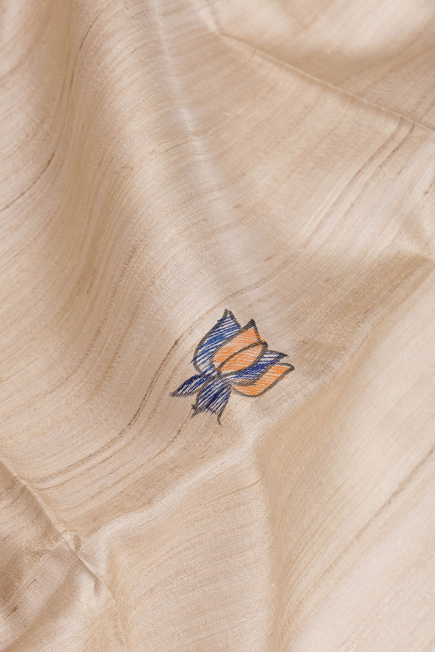 Close up of Beige Tussar Silk Saree with Printed design on the body and Fancy Border.  displaying folds