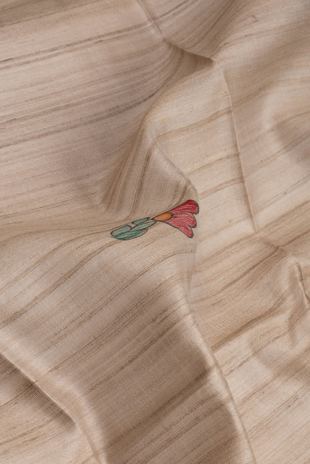 Close up of Beige Tussar Silk Saree with Printed design on the body and Fancy Border.  displaying folds