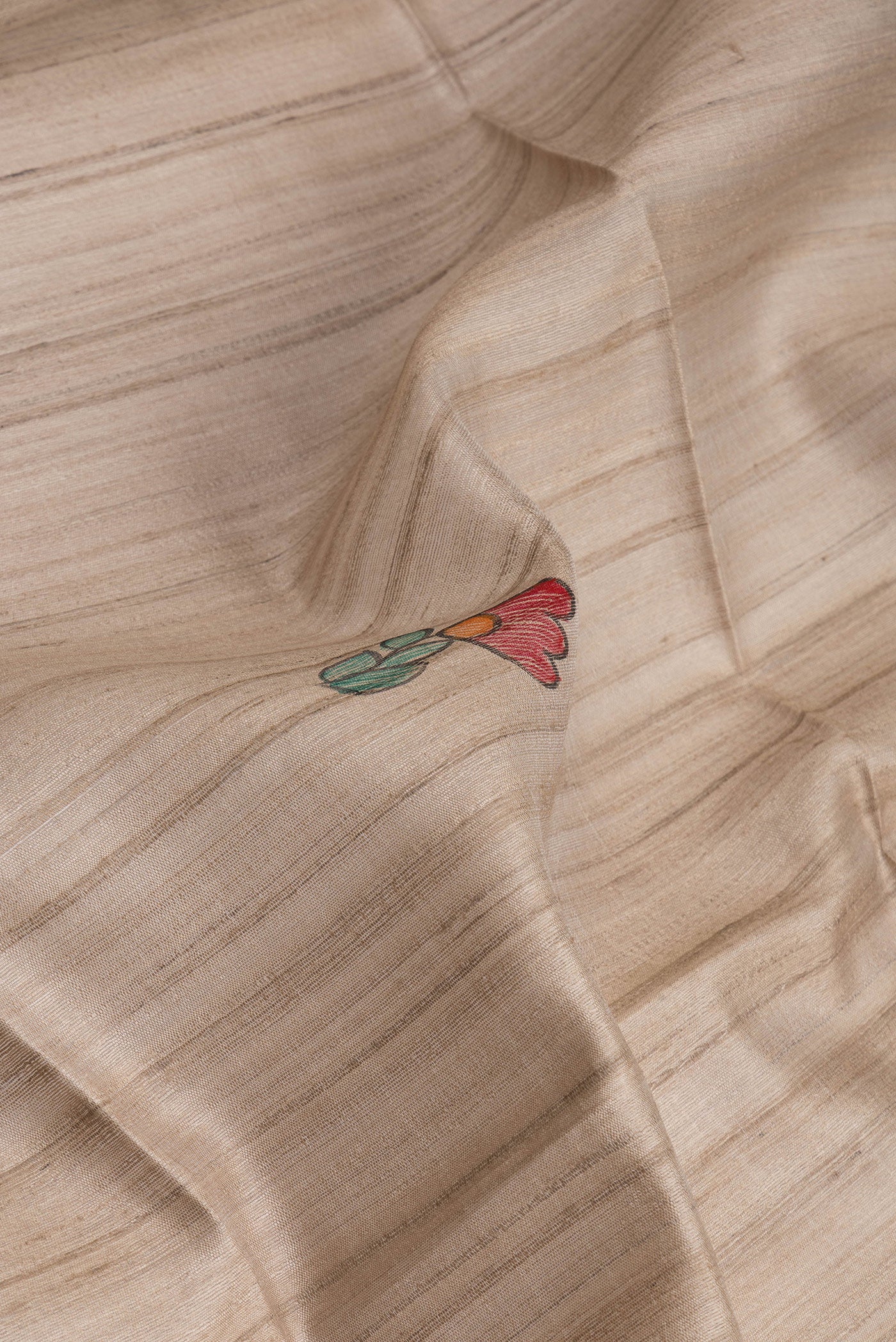 Close up of Beige Tussar Silk Saree with Printed design on the body and Fancy Border.  displaying folds