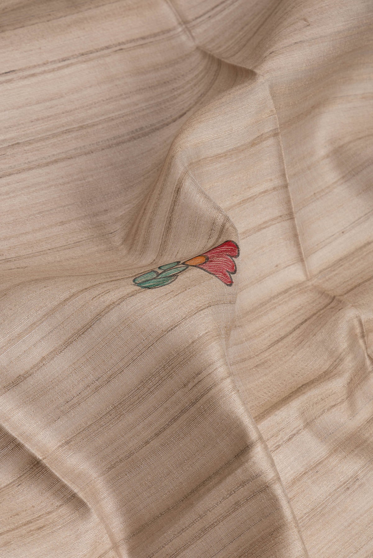 Close up of Beige Tussar Silk Saree with Printed design on the body and Fancy Border.  displaying folds