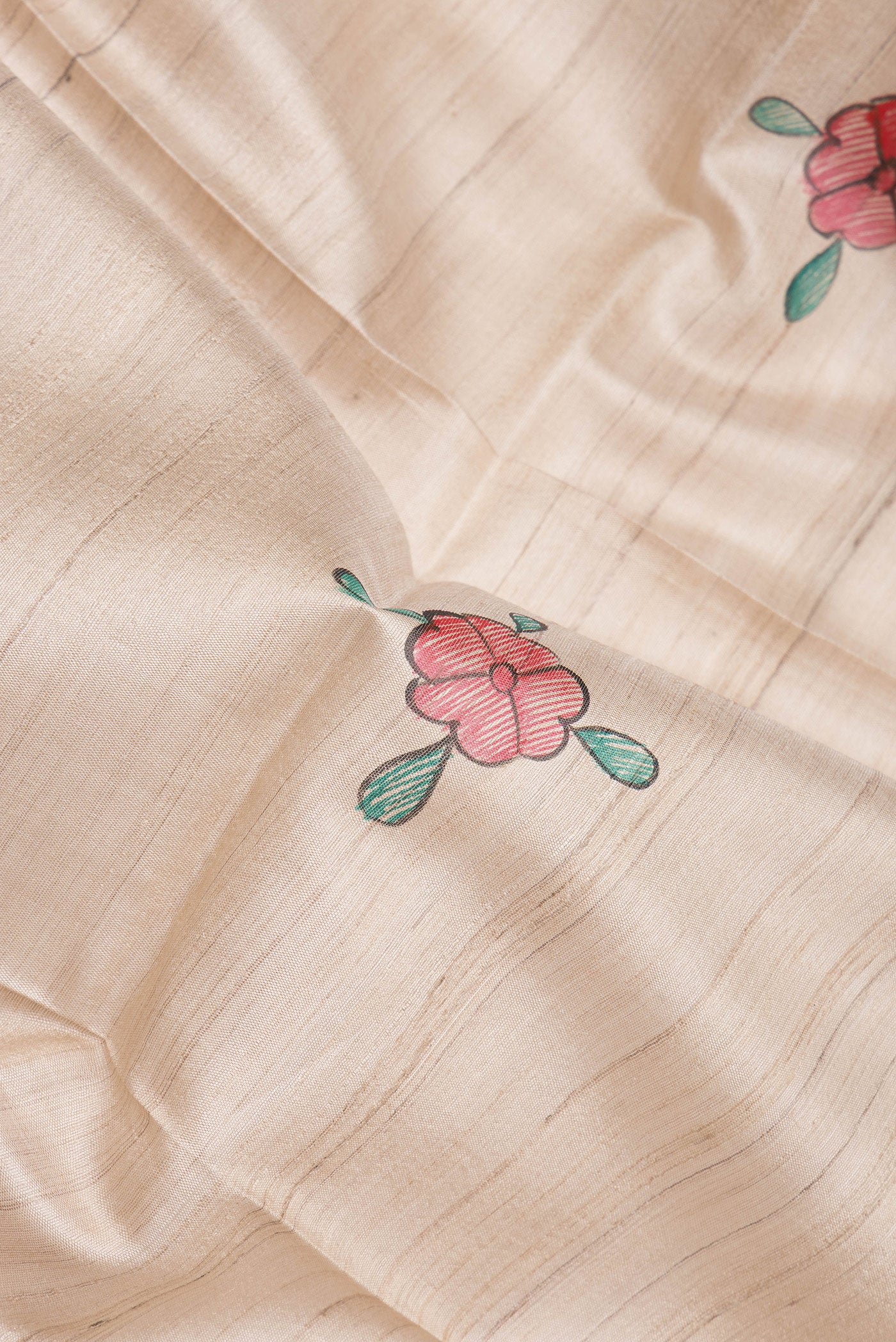 Close up of Cream Tussar Silk Saree with Printed design on the body and Fancy Border.  displaying folds