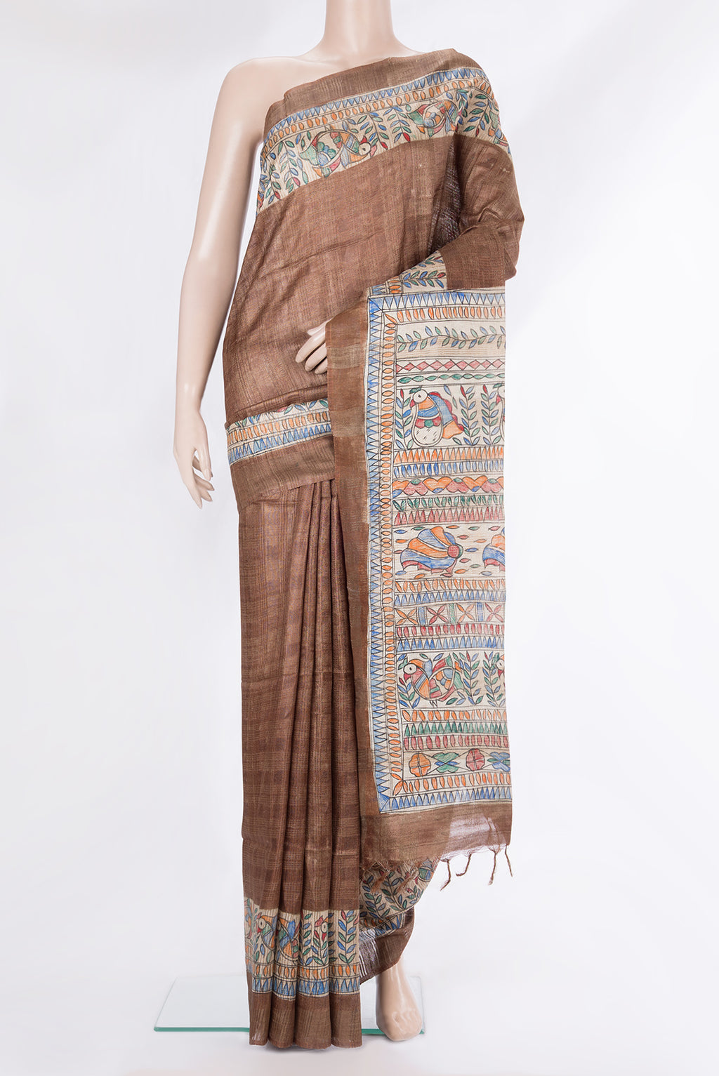 Pure Silk Brown Tussar Saree with Plain Body and Fancy Border.  displayed on a mannequin