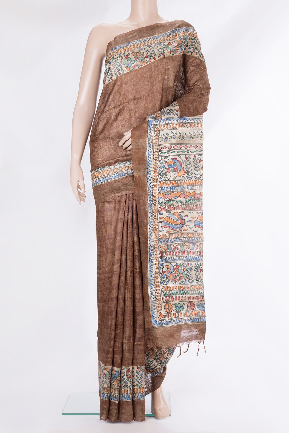 Pure Silk Brown Tussar Saree with Plain Body and Fancy Border.  displayed on a mannequin