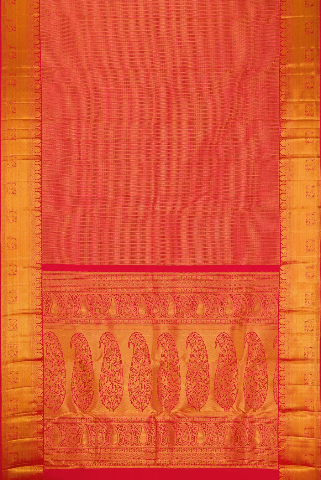 Flat view of Red Kanjivaram Silk Saree with Zari Brocade on the body and Zari Border. 