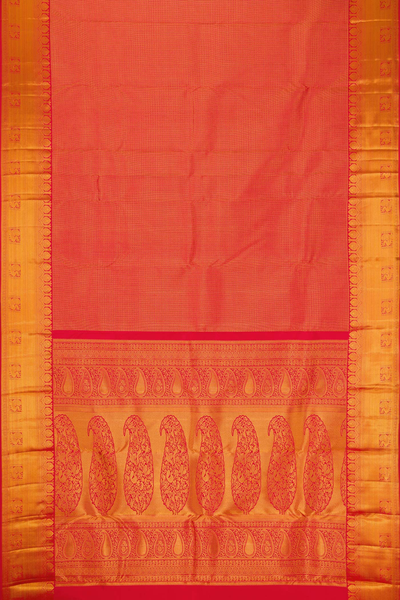 Flat view of Red Kanjivaram Silk Saree with Zari Brocade on the body and Zari Border. 