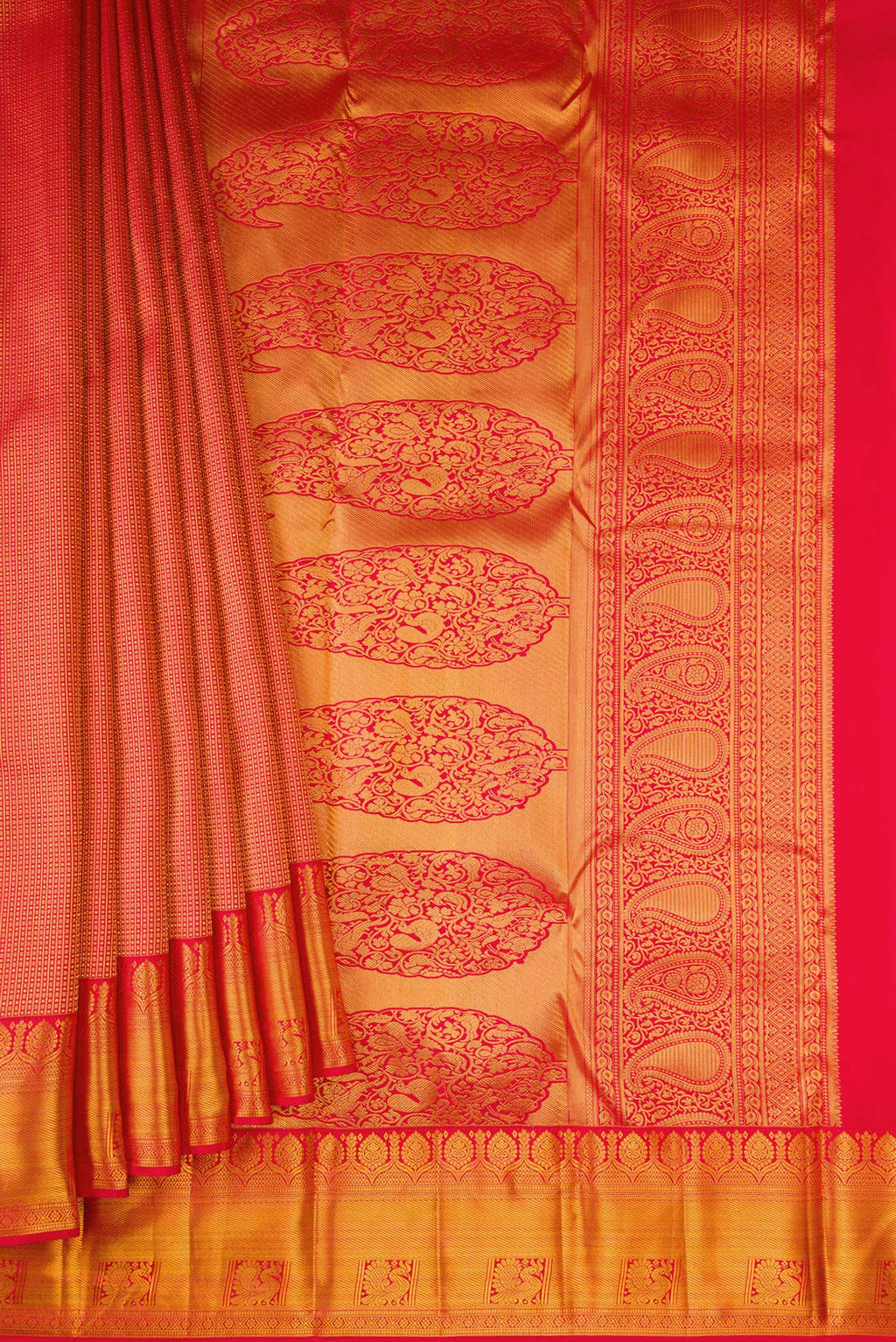 Pleats and pallu of Red Kanjivaram Silk Saree with Zari Brocade on the body and Zari Border. 