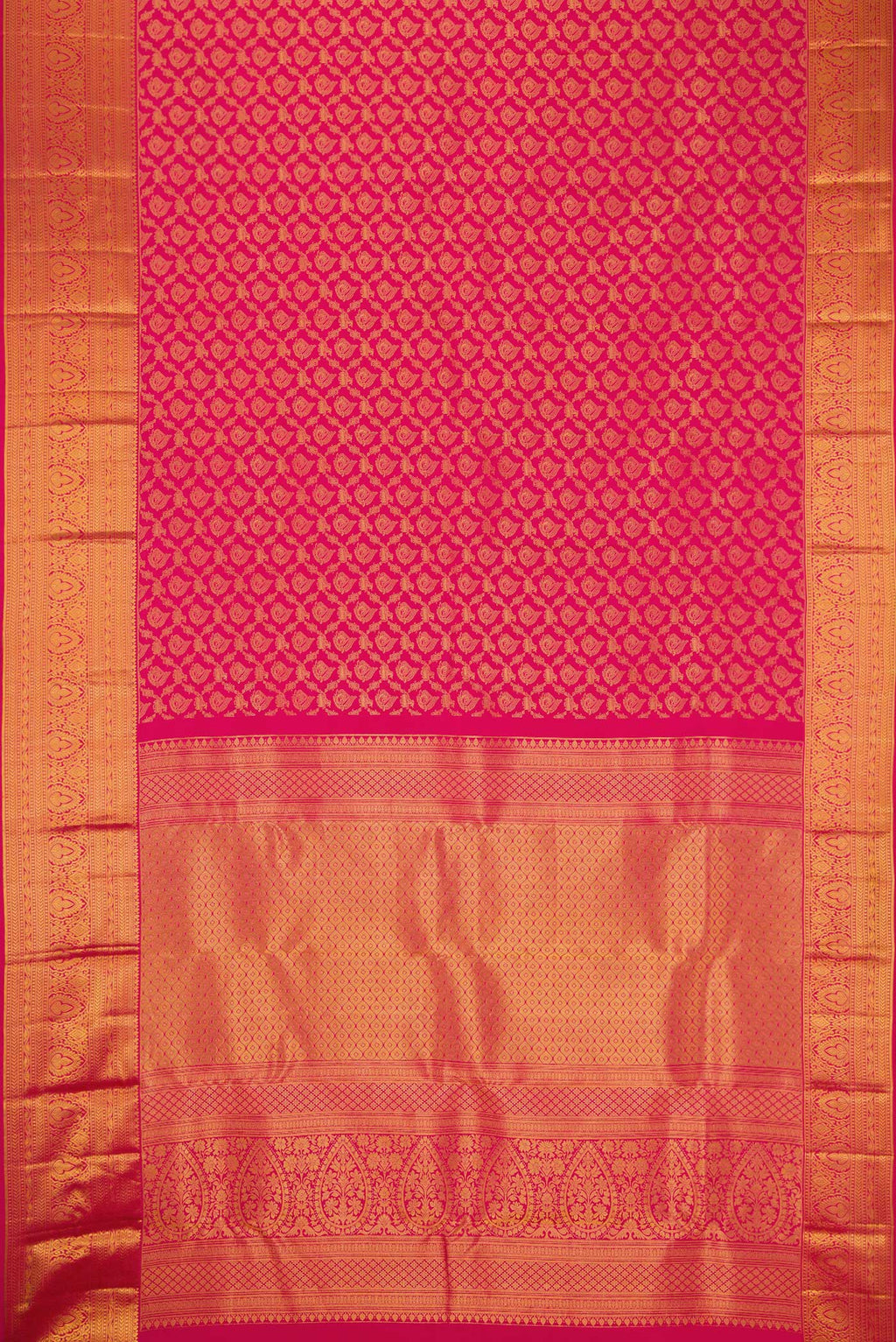 Flat view of Dark Pink Kanjivaram Silk Saree with Zari Brocade on the body and Zari Border. 
