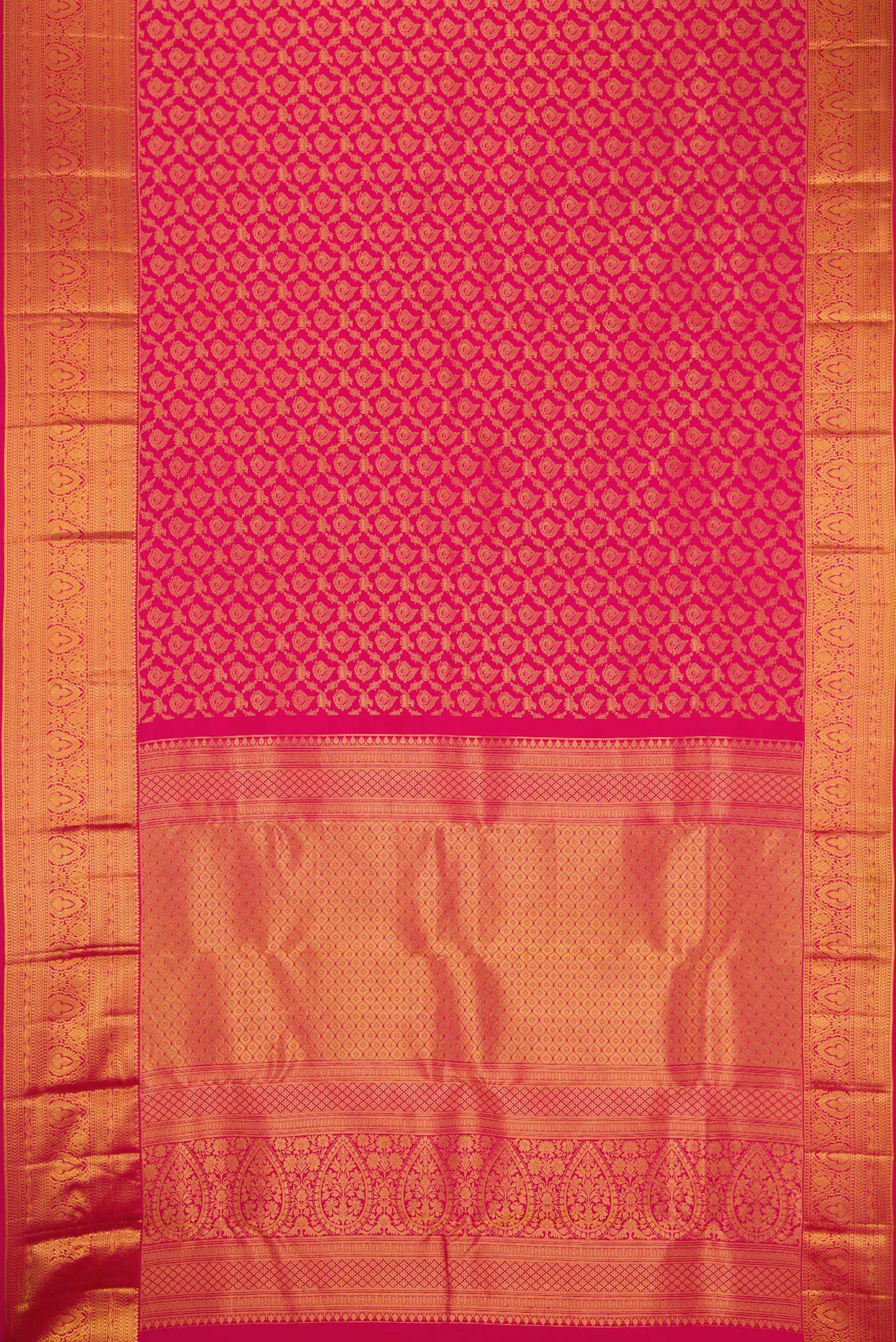 Flat view of Dark Pink Kanjivaram Silk Saree with Zari Brocade on the body and Zari Border. 