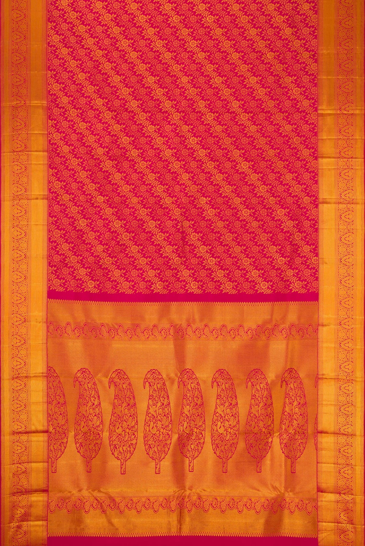 Flat view of Dark Pink Kanjivaram Silk Saree with Zari Brocade on the body and Zari Border. 