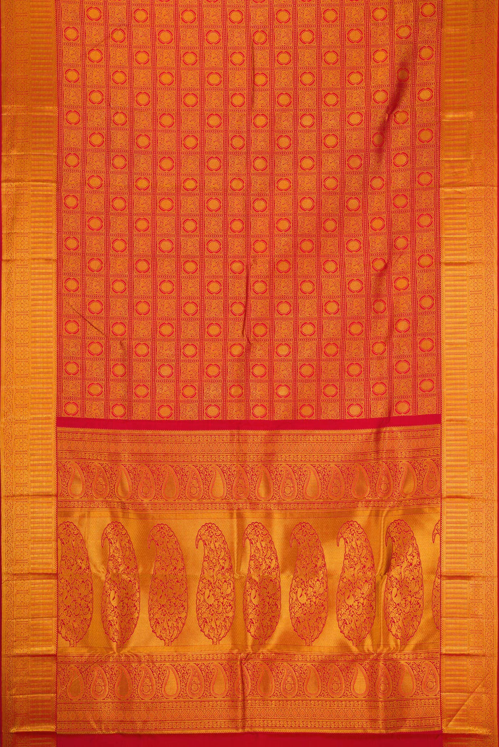 Flat view of Dark Pink Dual Tone Kanjivaram Silk Saree with Zari Brocade on the body and Zari Border. 