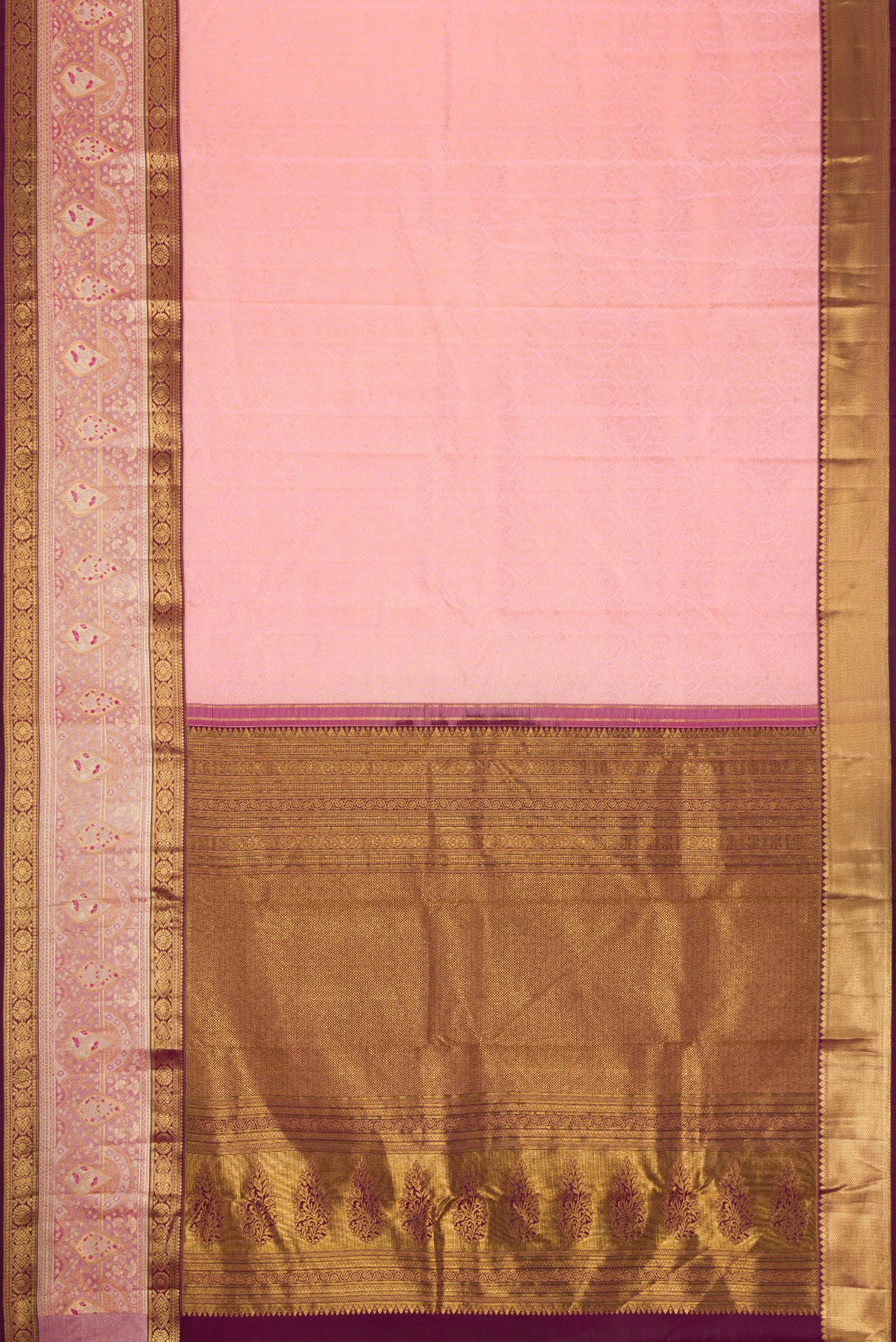 Flat view of Pink Dual Tone Kanjivaram Silk Saree with Zari Brocade on the body and Fancy Border. 