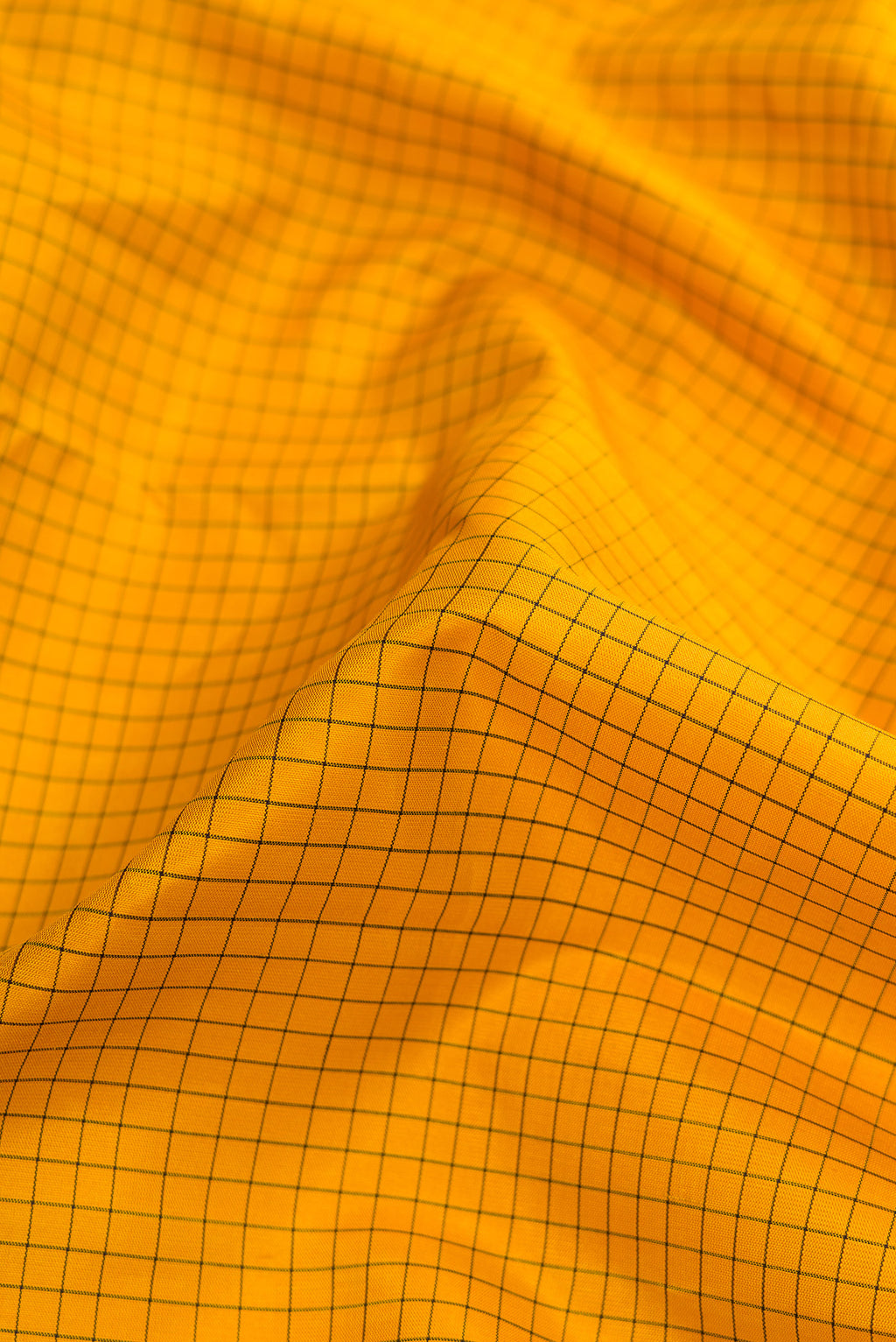 Close up of Pure Silk Pure Zari Yellow Dual Tone Kanjivaram Saree with Checked design on the body and Zari And Thread Border.  displaying folds