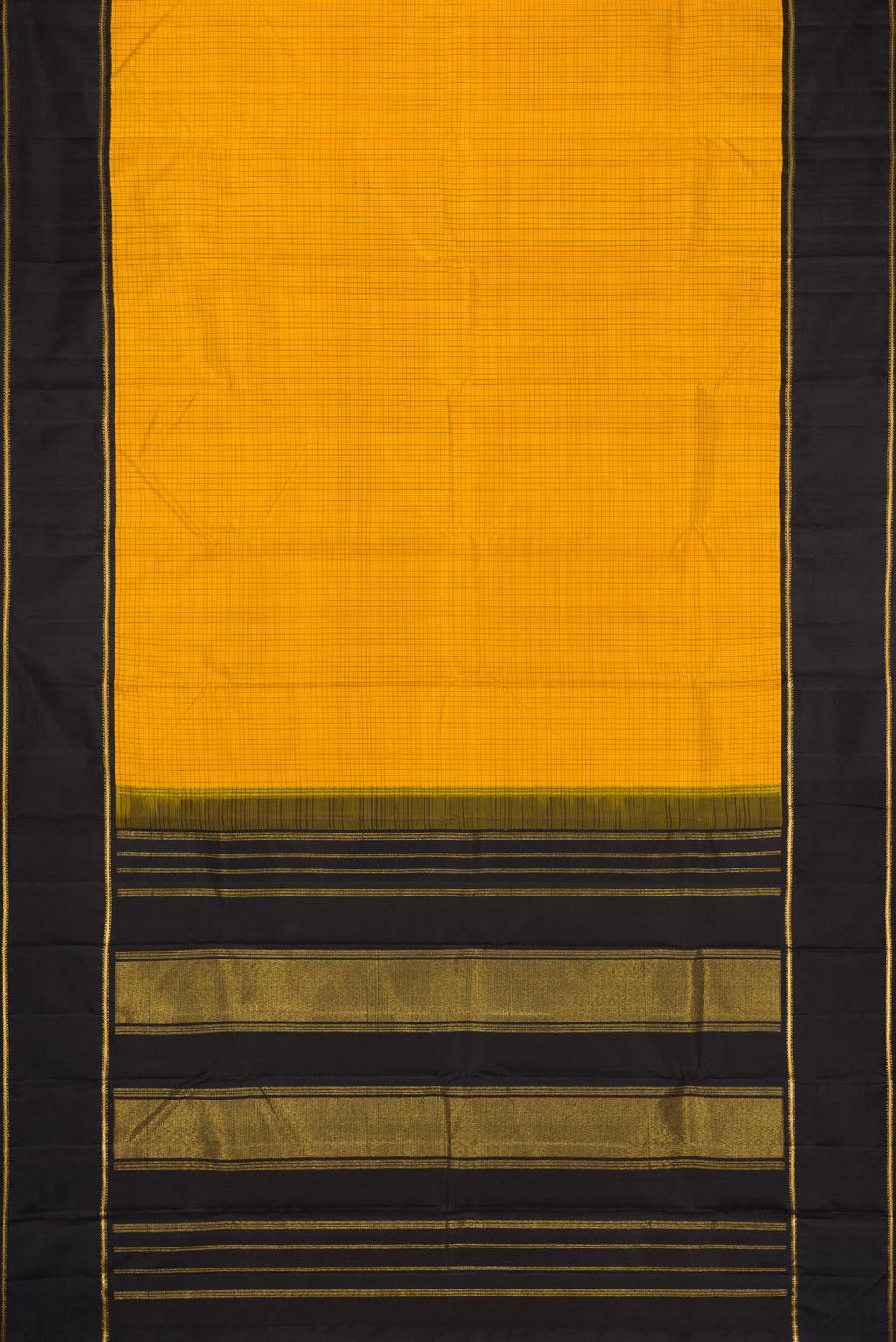 Flat view of Pure Silk Pure Zari Yellow Dual Tone Kanjivaram Saree with Checked design on the body and Zari And Thread Border. 