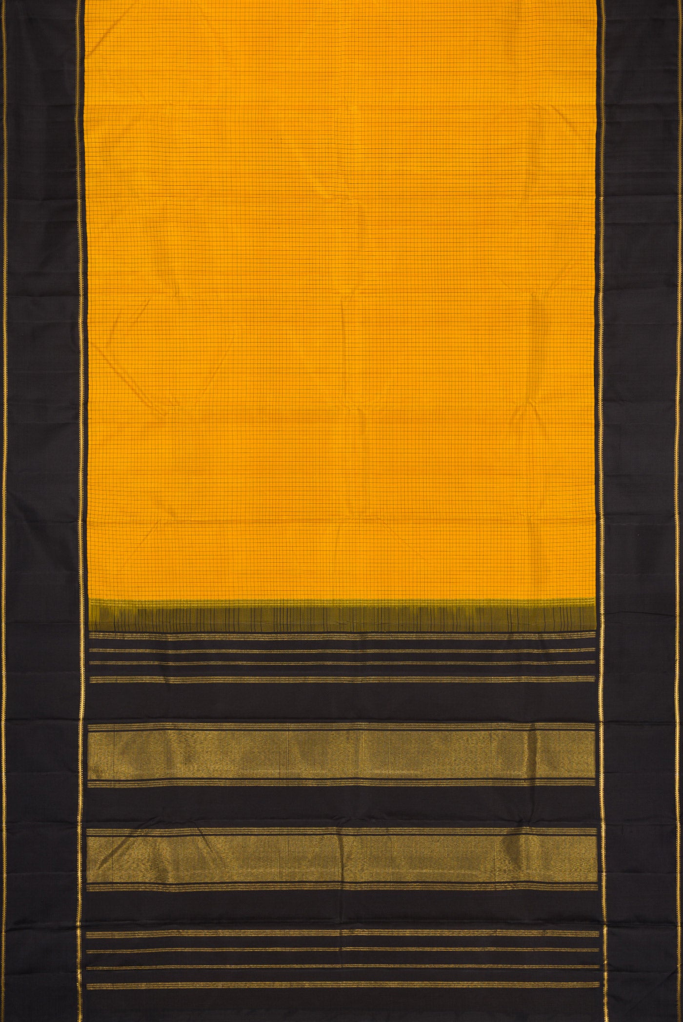 Flat view of Pure Silk Pure Zari Yellow Dual Tone Kanjivaram Saree with Checked design on the body and Zari And Thread Border. 