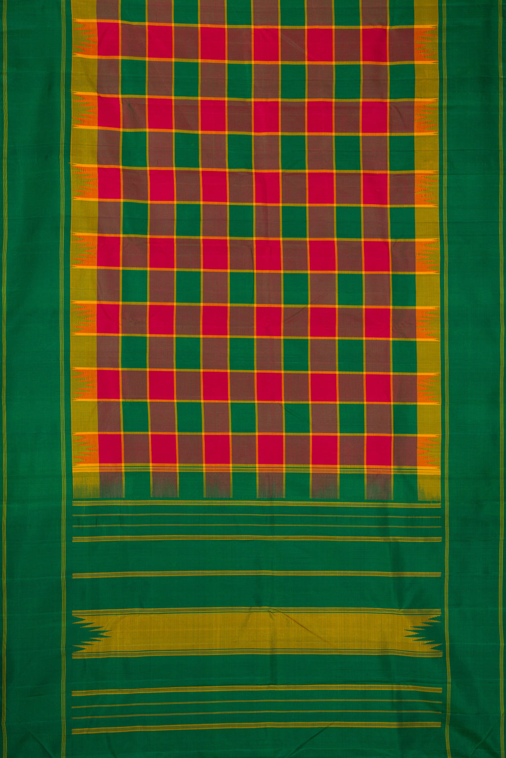 Flat view of Green, Maroon & Burgundy Color Kanjivaram Silk Saree with Checked design on the body and Plain Border. 