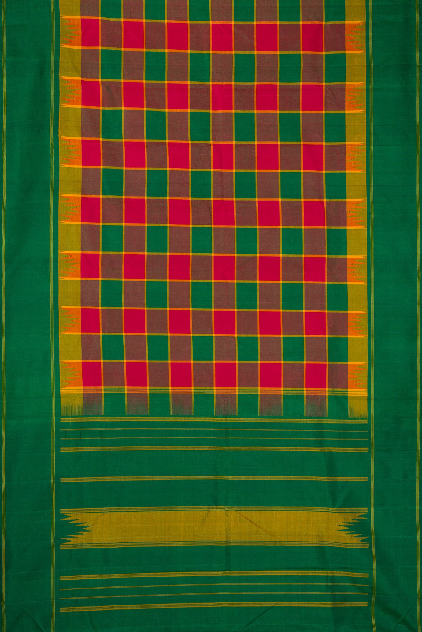 Flat view of Green, Maroon & Burgundy Color Kanjivaram Silk Saree with Checked design on the body and Plain Border. 
