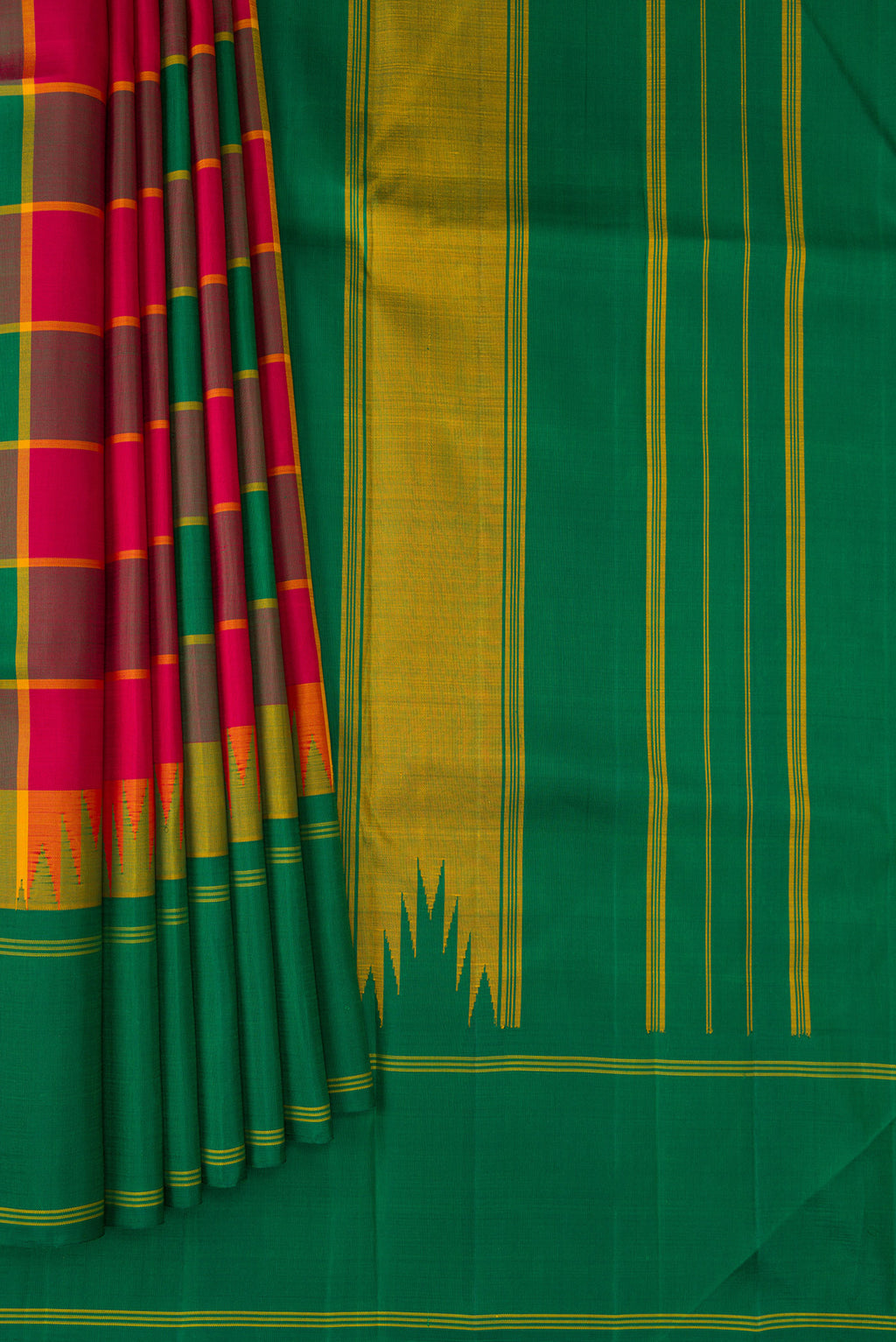 Pleats and pallu of Green, Maroon & Burgundy Color Kanjivaram Silk Saree with Checked design on the body and Plain Border. 
