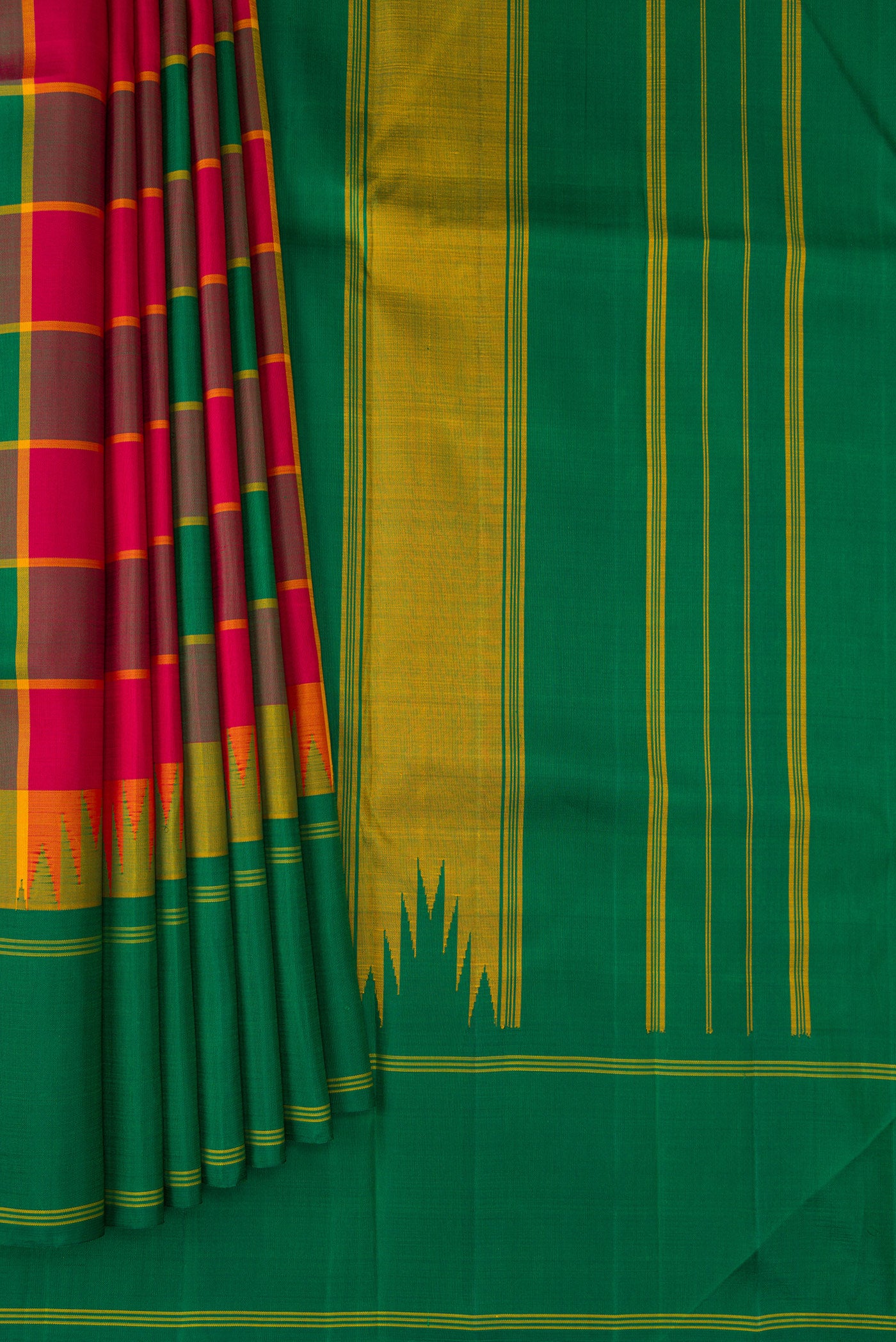Pleats and pallu of Green, Maroon & Burgundy Color Kanjivaram Silk Saree with Checked design on the body and Plain Border. 