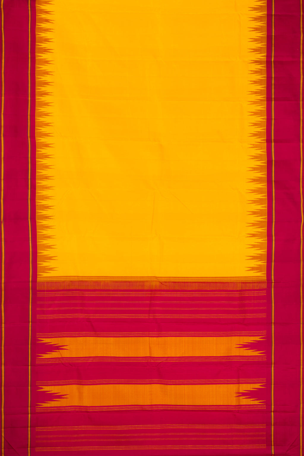 Flat view of Yellow Dual Tone Kanjivaram Silk Saree with Plain Body and Temple Border. 