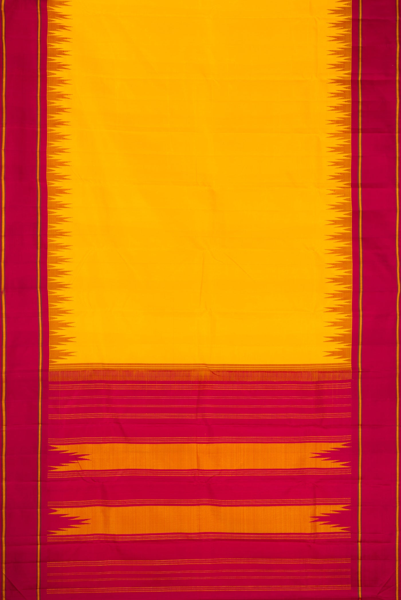 Flat view of Yellow Dual Tone Kanjivaram Silk Saree with Plain Body and Temple Border. 