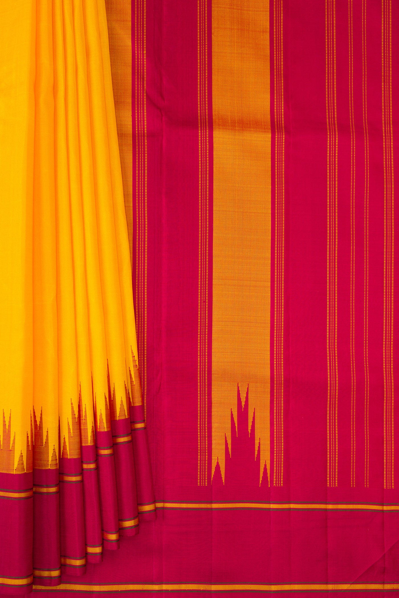 Pleats and pallu of Yellow Dual Tone Kanjivaram Silk Saree with Plain Body and Temple Border. 