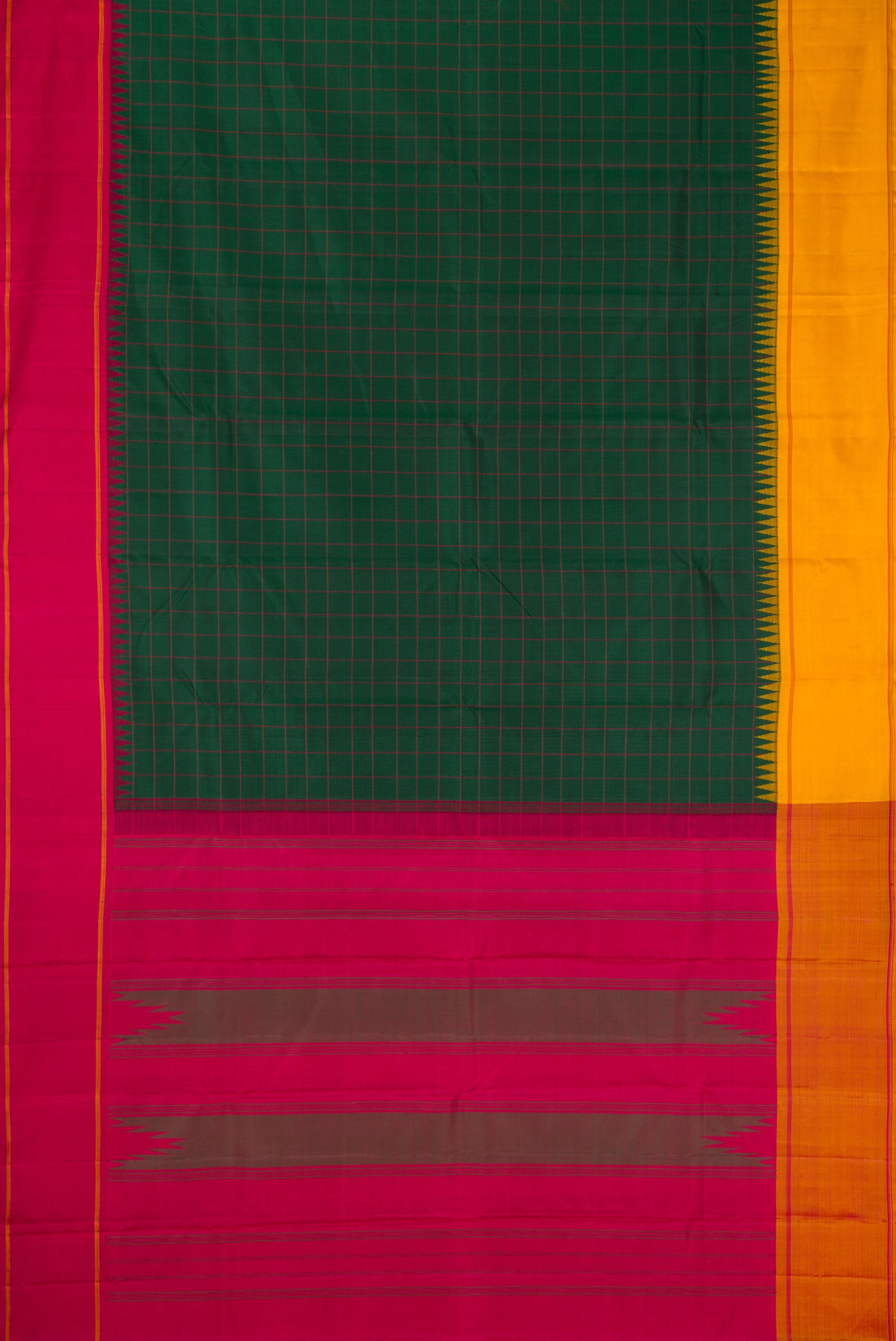 Flat view of Green, Maroon & Burgundy Dual Tone Kanjivaram Silk Saree with Checked design on the body and Ganga Jamuna Border. 