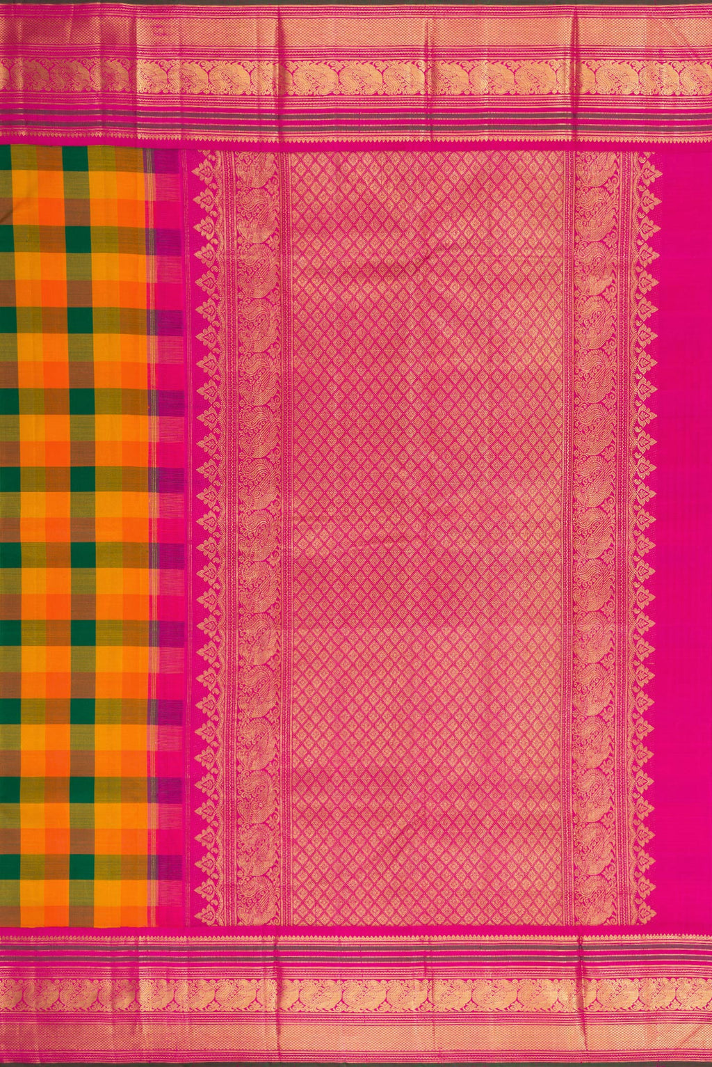 Close up image of the pallu of Multi Color Kanjivaram Silk Saree with Checked design on the body and Zari Border. 