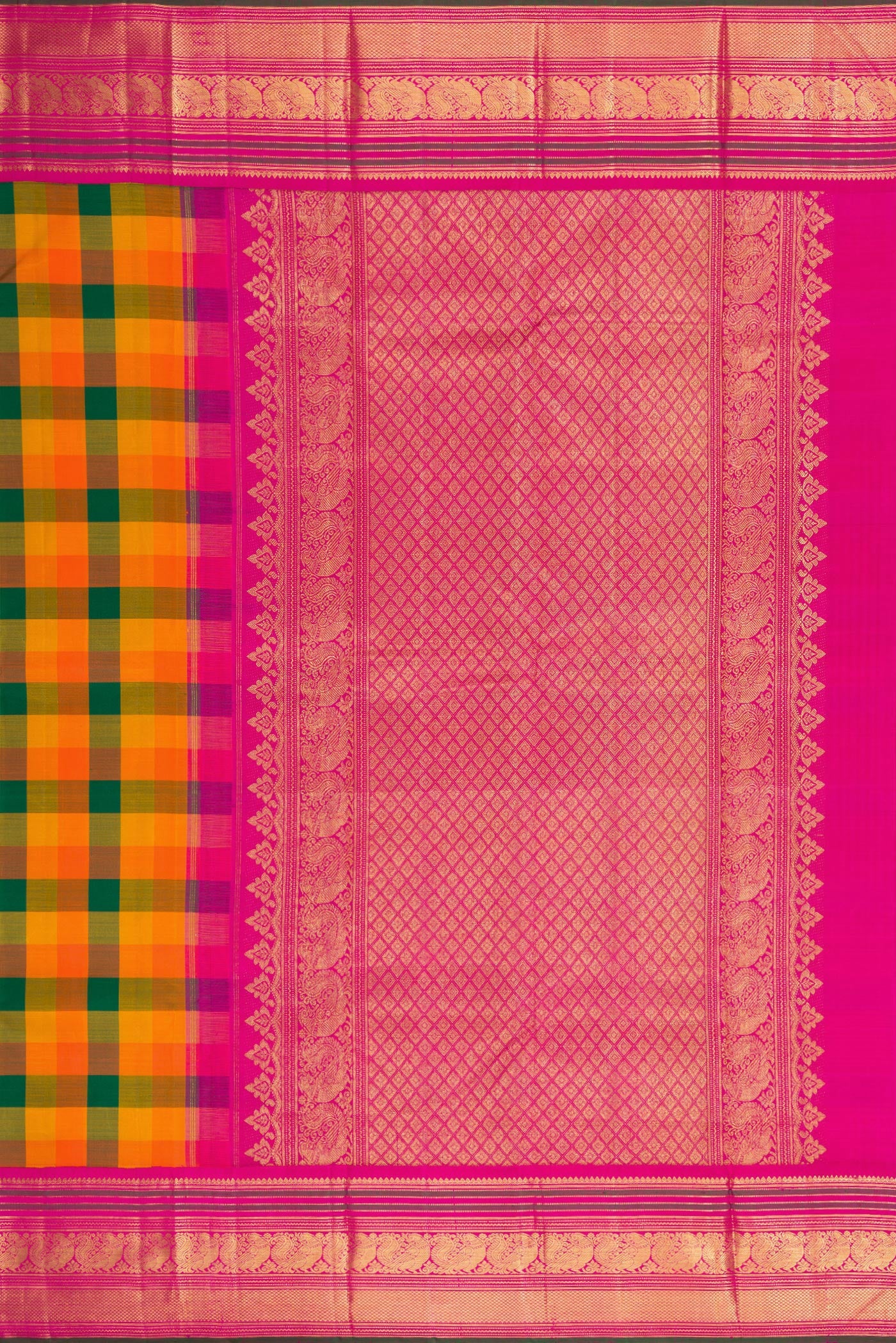Close up image of the pallu of Multi Color Kanjivaram Silk Saree with Checked design on the body and Zari Border. 